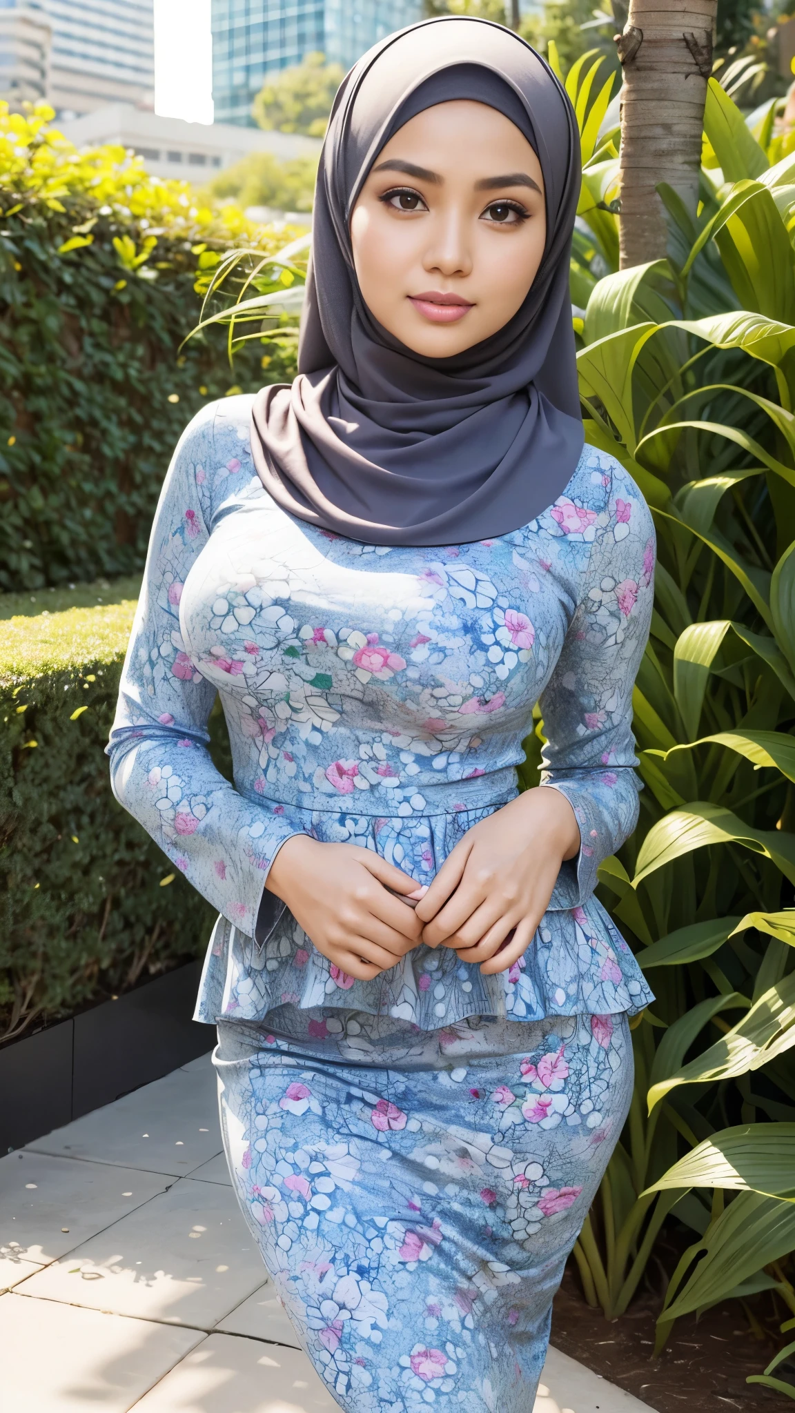 RAW, Best quality, high resolution, masterpiece: 1.3), beautiful Malay woman in hijab,Masterpiece, perfect slim fit body, (Huge breast),big gorgeous eyes,thick thighs,Soft smile, Delicate turtleneck print peplum dress, necklace, shairband, afternoon walk, City garden, Excellent lighting, Bright colors, Clean lines