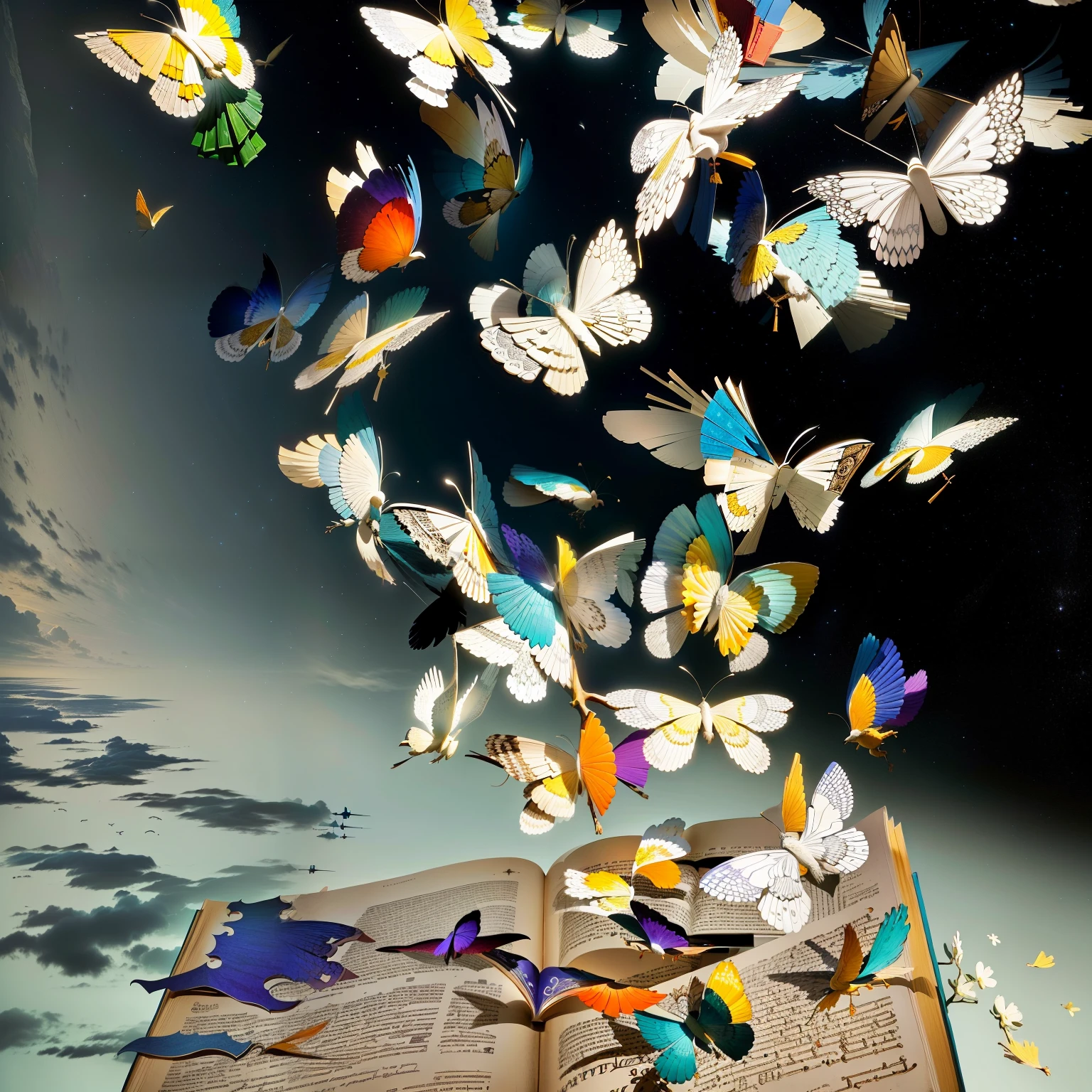 borboletas are flying out of a book on a table, arte, arte de modelageme, borboletas flying, arte em camadase, arte cortadae, Arte, feito de , arte de colageme, decoration, feito de , borboletas floating in the sky, borboletas, arte rivuletpapere, livros voadores, masterful intricate artework, books flying around, amazing composition