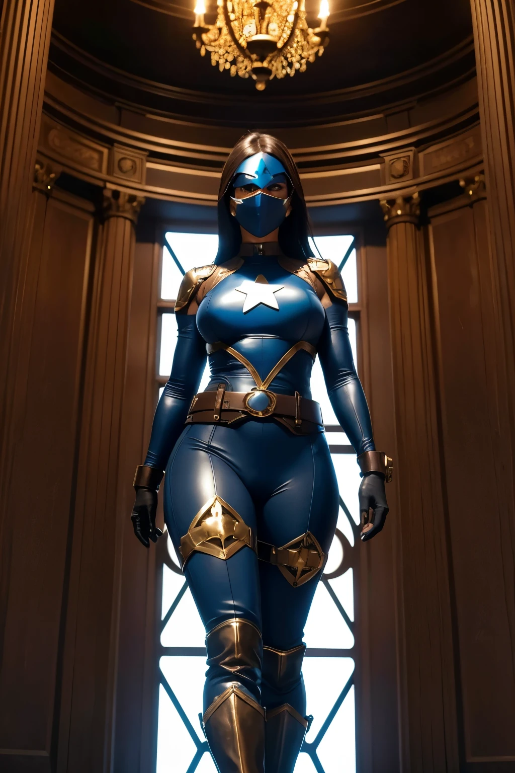 1 dark skinned girl, age25, mature face, thicc, HUGE breasts, shy smile, blue eyes(glowing), long brown hair, Wearing: goggles up on head, black superhero mask, skintight black full-body spandex(blue concentric ring pattern on shoulders, blue star emblem on chest), small bronze metal pauldrons, broad brown leather belt(bronze fittings), brown leather hip boots, raygun gothic, Pose: standing legs apart with arms folded, from below, Background: Statue of Atlas, absurdes, high res, chiaroscuro, ultrasharp, 8k, masterpiece, looking at viewer, 