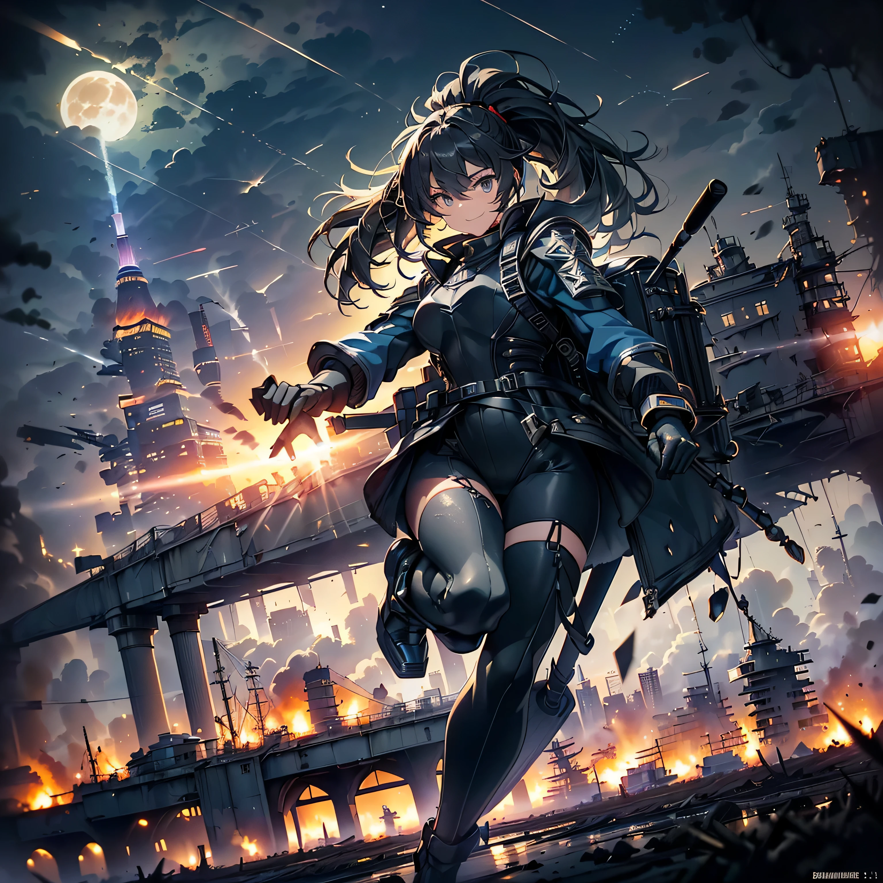 (highest quality，T Masterpiece，final solution，whole body):(Fluffy，１９old female fighter，black high knot ponytail、Shiny navy blue and black tight combat uniform，tight suit，dynamic angle、dynamic action、(dynamic pose:1.2)、normal posture，normal posture、Gentle smile)、(Time Machine、Computer、skyscraper gun、weapons of the future、(Backpack:1.1)、Real World、Plankton rattle field、volumetric fog、gray fog、cigarette、 explosion、apocalyptic、destroyed city background、burning building:1.3、splash of water、starry ski、huge moon、Earth、destroyed giant robot、radio tower、airplane flying overhead、shooting star rocket truck、broken car、derailed train、tank、giant weapon、electronic equipment、Luminous mechanism)