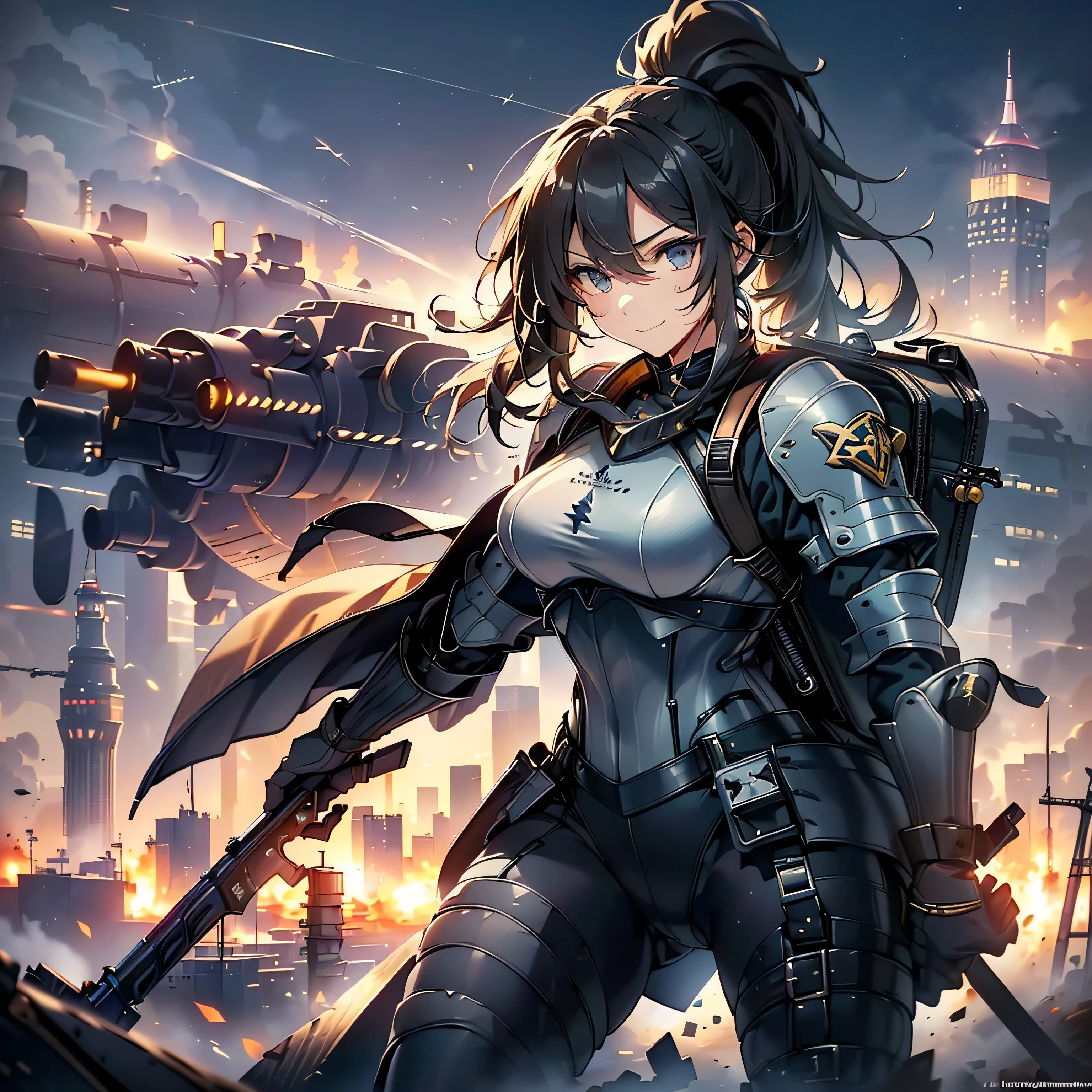 (highest quality,T Masterpiece,final solution,whole body):(Fluffy,19old female fighter,black high knot ponytail、Shiny navy blue and black tight combat uniform,tight suit,dynamic angle、dynamic action、(dynamic pose:1.2)、normal posture,normal posture、Gentle smile)、(Time Machine、Computer、skyscraper gun、weapons of the future、(Backpack:1.1)、Real World、Plankton rattle field、volumetric fog、gray fog、cigarette、 explosion、apocalyptic、destroyed city background、burning building:1.3、splash of water、starry ski、huge moon、Earth、destroyed giant robot、radio tower、airplane flying overhead、shooting star rocket truck、broken car、derailed train、tank、giant weapon、electronic equipment、Luminous mechanism)