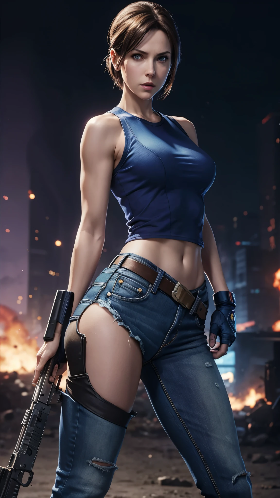 1girl, zotovalentine, sexy smile, sexy eyes tank top, shoulder holster, athletic, (black jeans:1.2), beautifull jill valentine, on the floor, (ultra detailed), (8k, intricate), (85mm), (highly detailed:1.2), sfw, colorful, (detailed background), daylight, solo