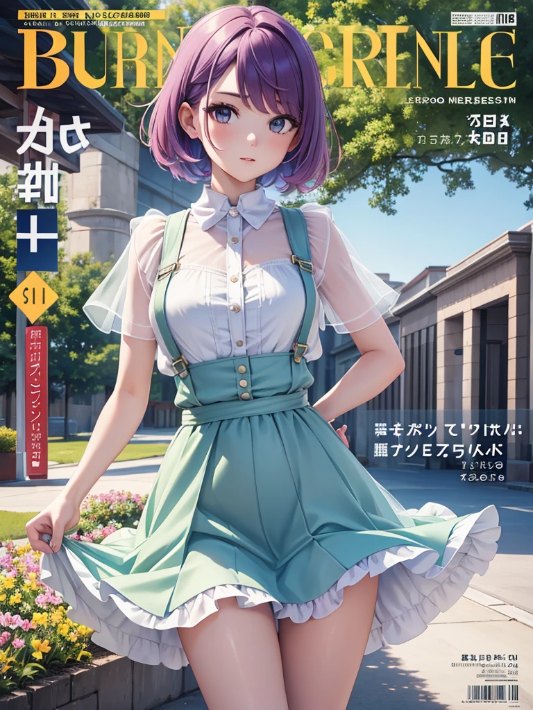Masterpiece, superlative, spring dress, colored hair, outdoor, magazine cover, transparent short skirt,, suspenders, light tulle, wide hips, thin waist, smooth soft and delicate skin