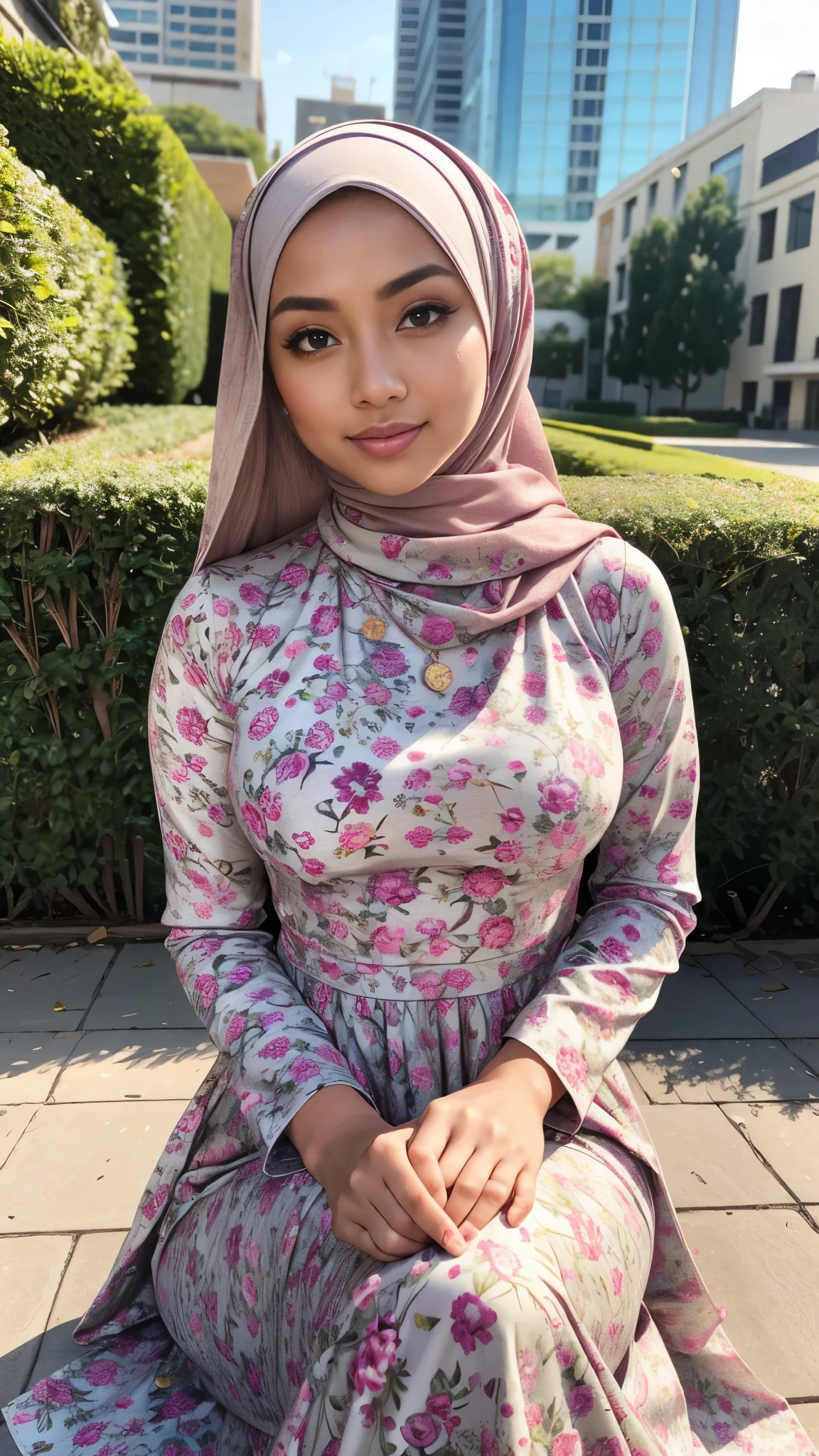 RAW, Best quality, high resolution, masterpiece: 1.3), beautiful Malay woman in hijab,Masterpiece, perfect slim fit body, (Huge breast),big gorgeous eyes, Soft smile, sitting, Delicate turtleneck print peplum dress, necklace, shairband, afternoon walk, City garden, Excellent lighting, Bright colors, Clean lines