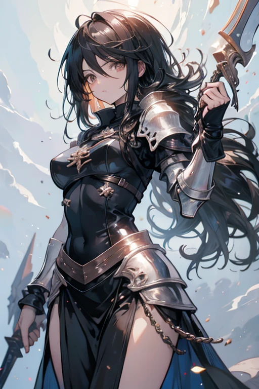 A black haired female knight with  brown eyes and an hourglass figure is raising a sword into the air
