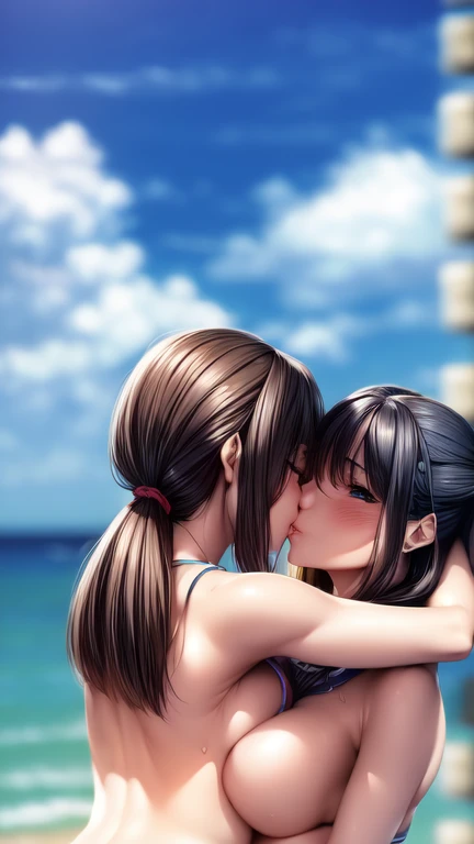 Two teenage girls，angry look，equivalent height，In the classroom，black hair ponytail，Facing each other and staring，hug each other，The two bodies are close to each other，kiss、Picture of two people、Holding hands and facing each other、Photograph of two people facing each other、Push each other、Stick your boobs and boobs together