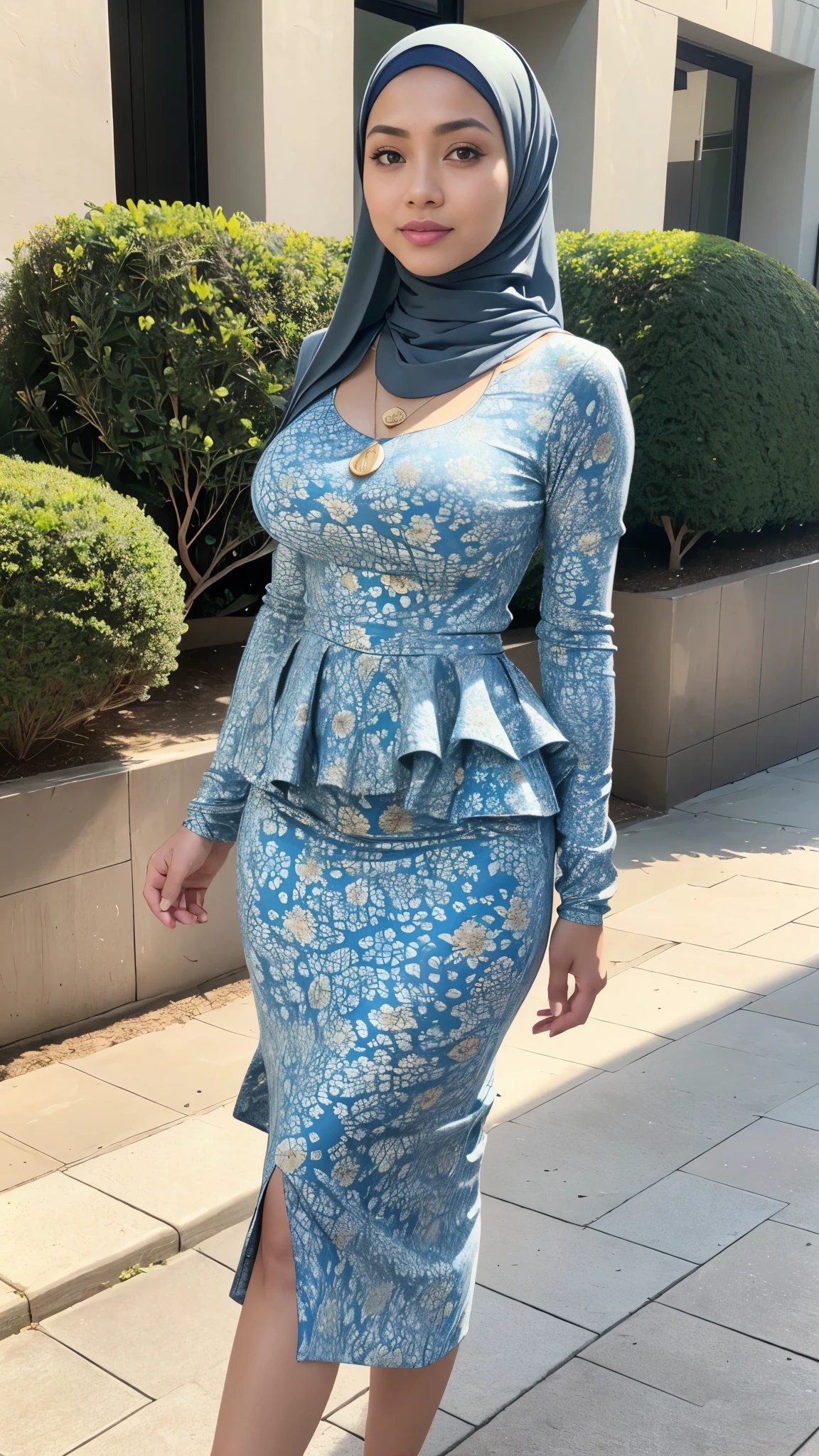 RAW, Best quality, high resolution, masterpiece: 1.3), beautiful Malay woman in hijab,Masterpiece, perfect slim fit body, (Huge breast),big gorgeous eyes, Soft smile, Delicate turtleneck print peplum dress, necklace, shairband, afternoon walk, City garden, Excellent lighting, Bright colors, Clean lines