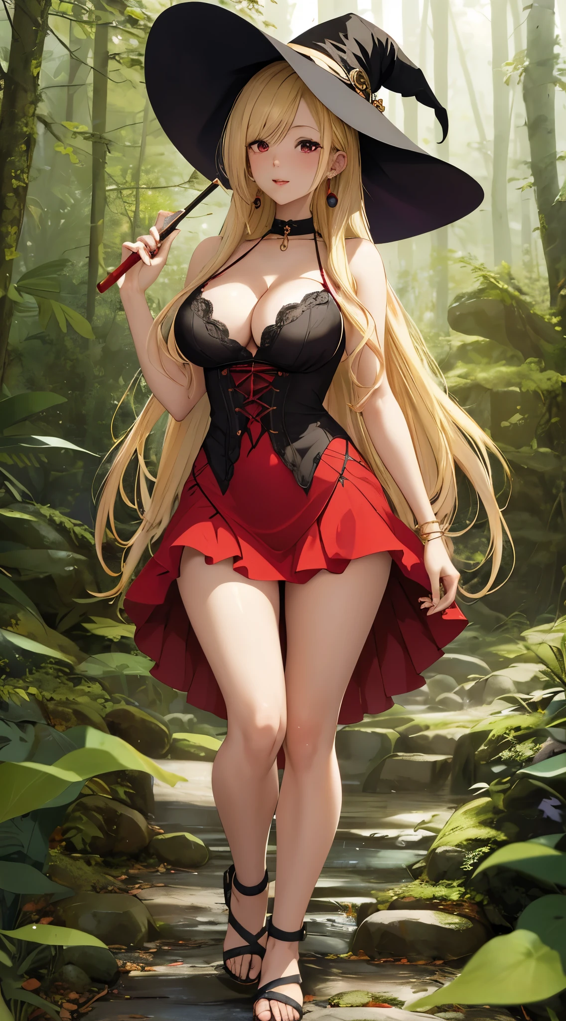 masterpiece, best quality, highres, kitagawa marin, 1girl, blonde hair, long hair, swept bangs, gradient hair, red eyes, jewelry, earrings, piercing, glossy lips, lips parted, short dress, cleavage, sandals, witch hat, holding wand, forest