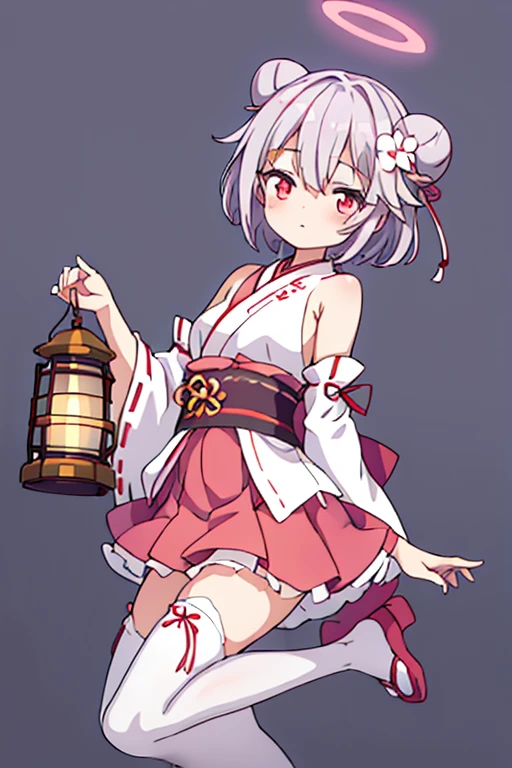 1girl, bare shoulders, detached sleeves, dress, flower, full body, grey background, halo,looking at viewer, pantyhose,:3,short hair, animal ears,double bun, hair bell, hair bun, hair ornament,beautiful clothes, miko, red eyes, reference sheet, skirt,thighhighs, rainbow color hair,black and white pink, footwear bandaged leg, bangs, bare shoulders,braid, horns,kimono, lantern,looking at viewer, mismatched legwear, multiple views, obi, single sock, single thighhigh, sleeves past fingers, sleeves past wrists,