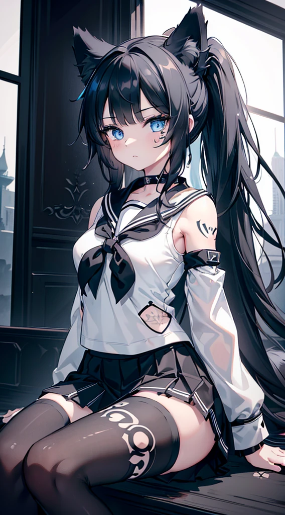 (extremely detailed CG unity 8k wallpaper), (((ultra-detailed))), ((extremely detailed)), (((best illustration))), best illumination, ((extremely delicate and beautiful)), ((1 fox girl)), (Black and white wolf girl with long black hair with wolf ears and wolf tail), (black wolf ears:1.6), (black and white single wolf tail:1.6), ((an extremely delicate and beautiful girl)), colorful, Japanese background, ((1 girl, solo:1.9)), {{finely detailed beautiful eyes and detailed face}}, rebel girl, smug face, extra long ponytail, (((deep black hair))), (blue eyes:1.5), beautiful detailed eyes, badass girl, mature female, slender, medium breast, (((intricate details))), (Black and white long sleeve sailor top and black short skirt:1.5), short black boots, ((black choker)), (black tattoo on thigh:1.5), sitting, bishoujo, full-body