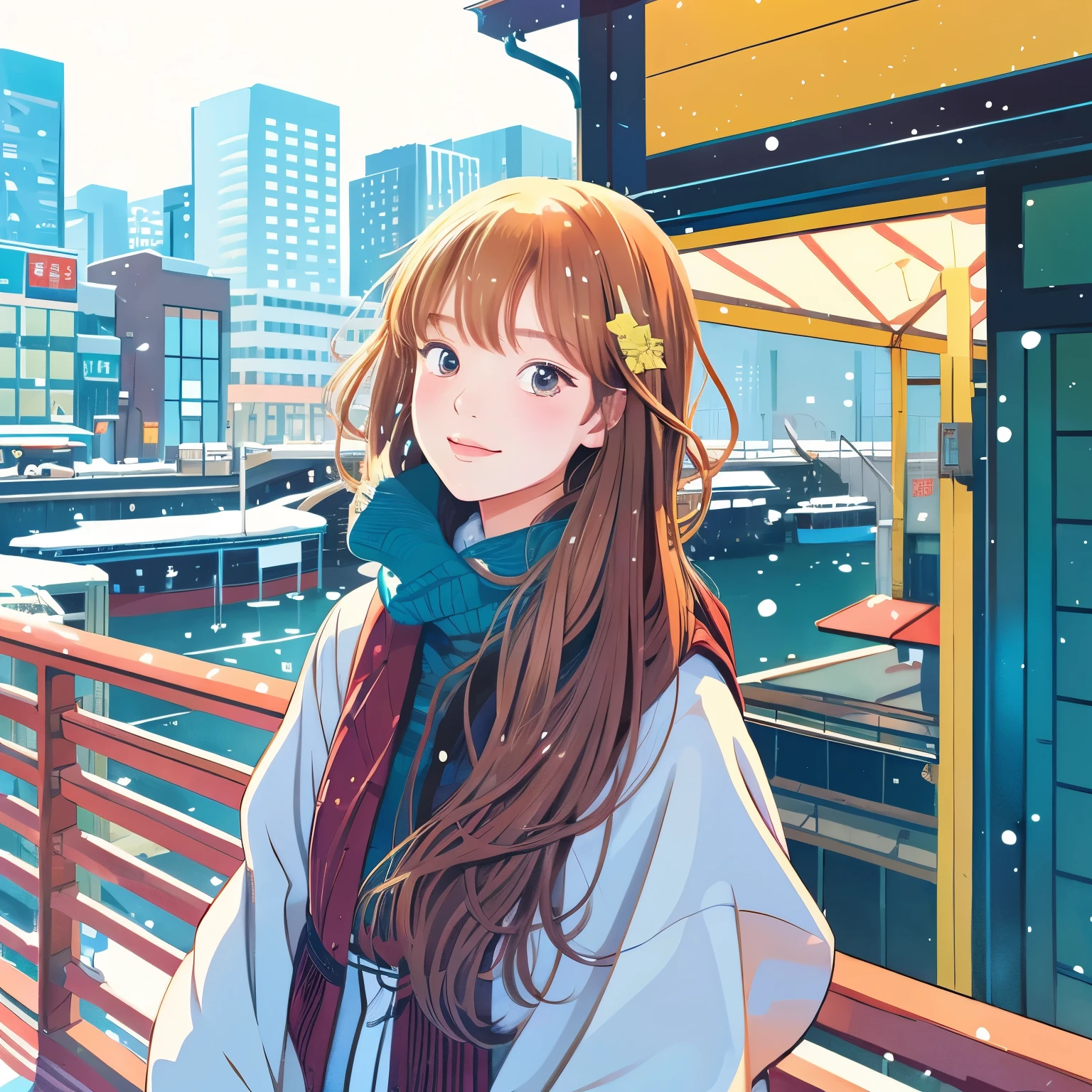 Illustration style、Showa Anime、Ukiyo-e、((girl))、Tokyo、Soft touch、((modern))、winter、high resolution