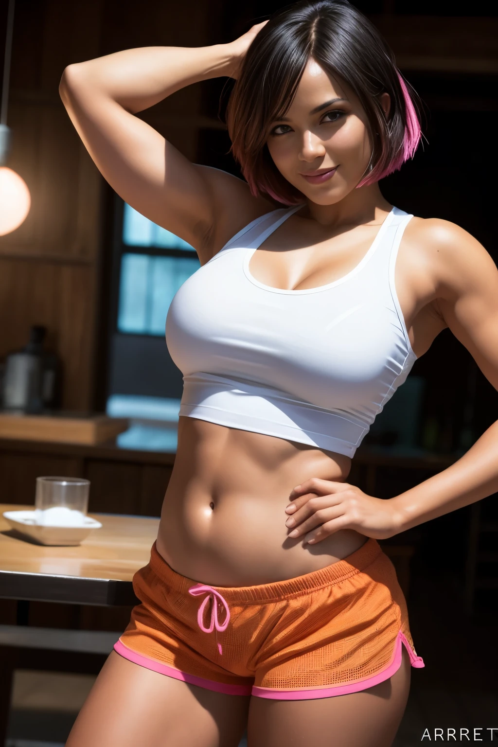 ara Croft, bob_cut hair, dressed like dora, (skin texture:1.1), (high detail face:1.1), full bodyshot, high detail body, high detail clothes, tight pink tank top, tight orange shorts, smiling seductively, (big breasts:1.3),(masterpiece), (realistic), ultra high definition, 4k, ultra high resolution, film grain, cinematic lighting, rim lighting, photo by Arny Freytag, RAW image