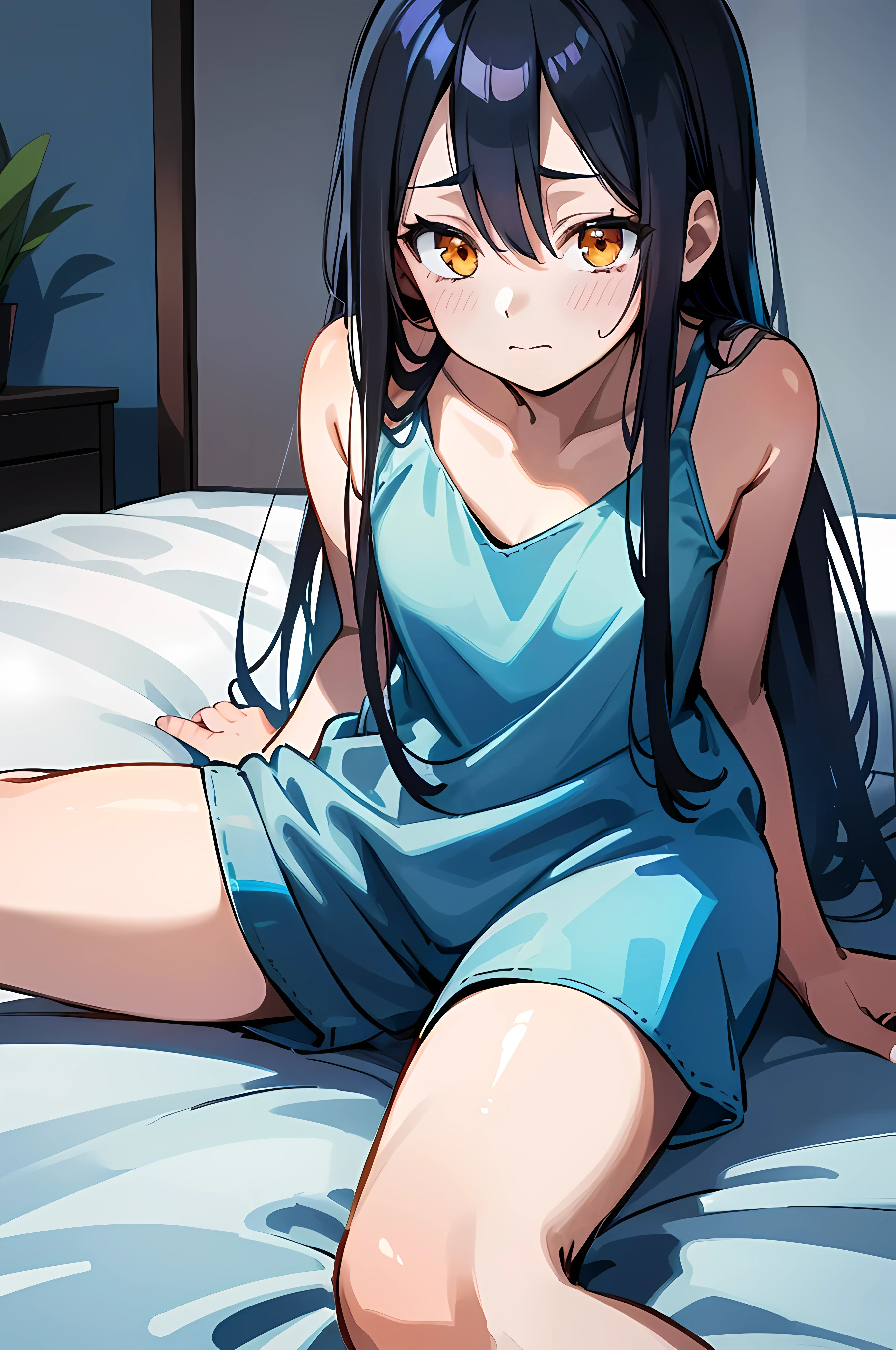 (8K Ultra High-Quality) (Masterpieces) (Image) (人物: Rimuru) 1 Girl , Long Black hair, Orange eyes colors, wearing Jean, wearing under wear on top, background on bed, laying down on bed, embarrassed face, looking at viewer.