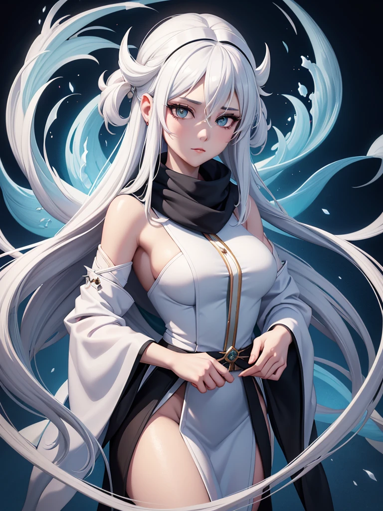 a close up of a woman with a white hair and a black scarf, a character portrait by Yang J, pixiv contest winner, fantasy art, white haired deity, beautiful character painting, artwork in the style of guweiz, the piercing stare of yuki onna, guweiz, with white long hair, with long white hair, flowing hair and long robes