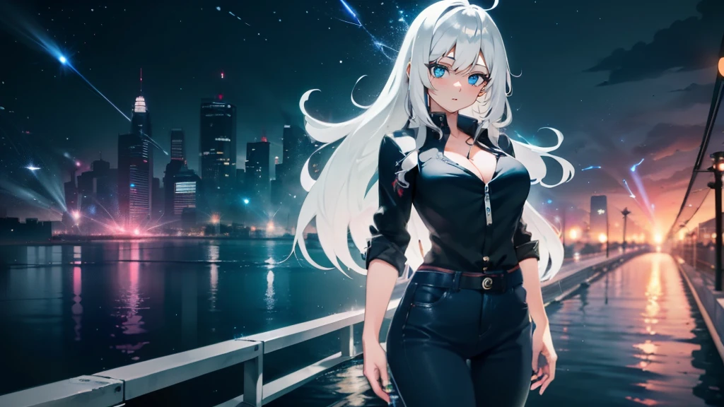 1girl, sexy figure, large breasts, white hair, multicolored hair, blue eyes, wearing a blouse and jeans, sidelighting, light particles, wallpaper, standing on a bridge, water and city lights in the background 