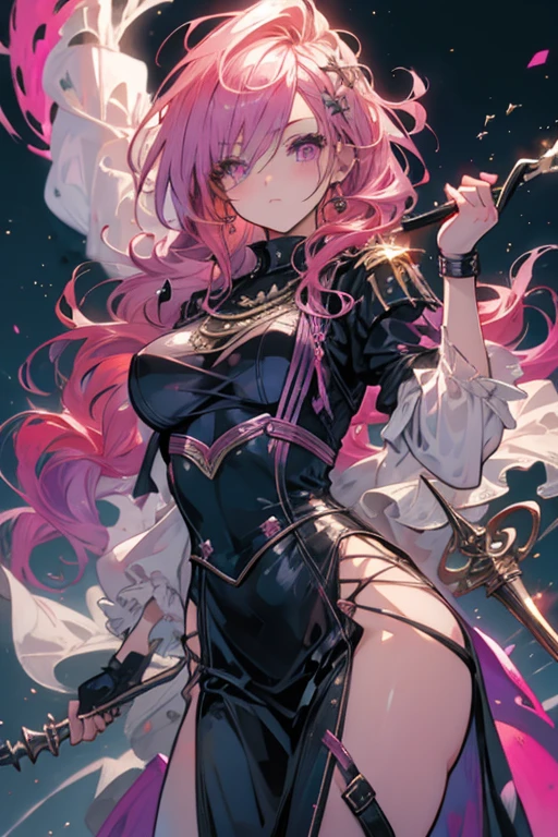 A pink haired female queen with violet eyes and an hourglass figure is raising a dagger into the air