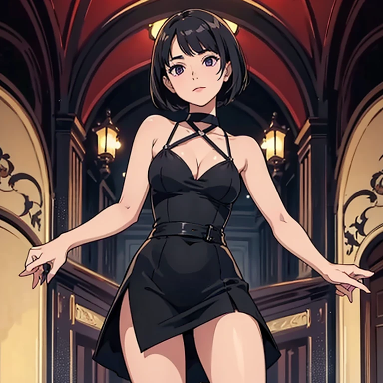 best quality, masterpiece, vintage style, Short Black Medium Hair, Purple Eyes, Bare Shoulders, Happy, Short Black Dress, Black Pencil Skirt, cleavage, standing up, inside the mansion Background, 1 girl, solo,