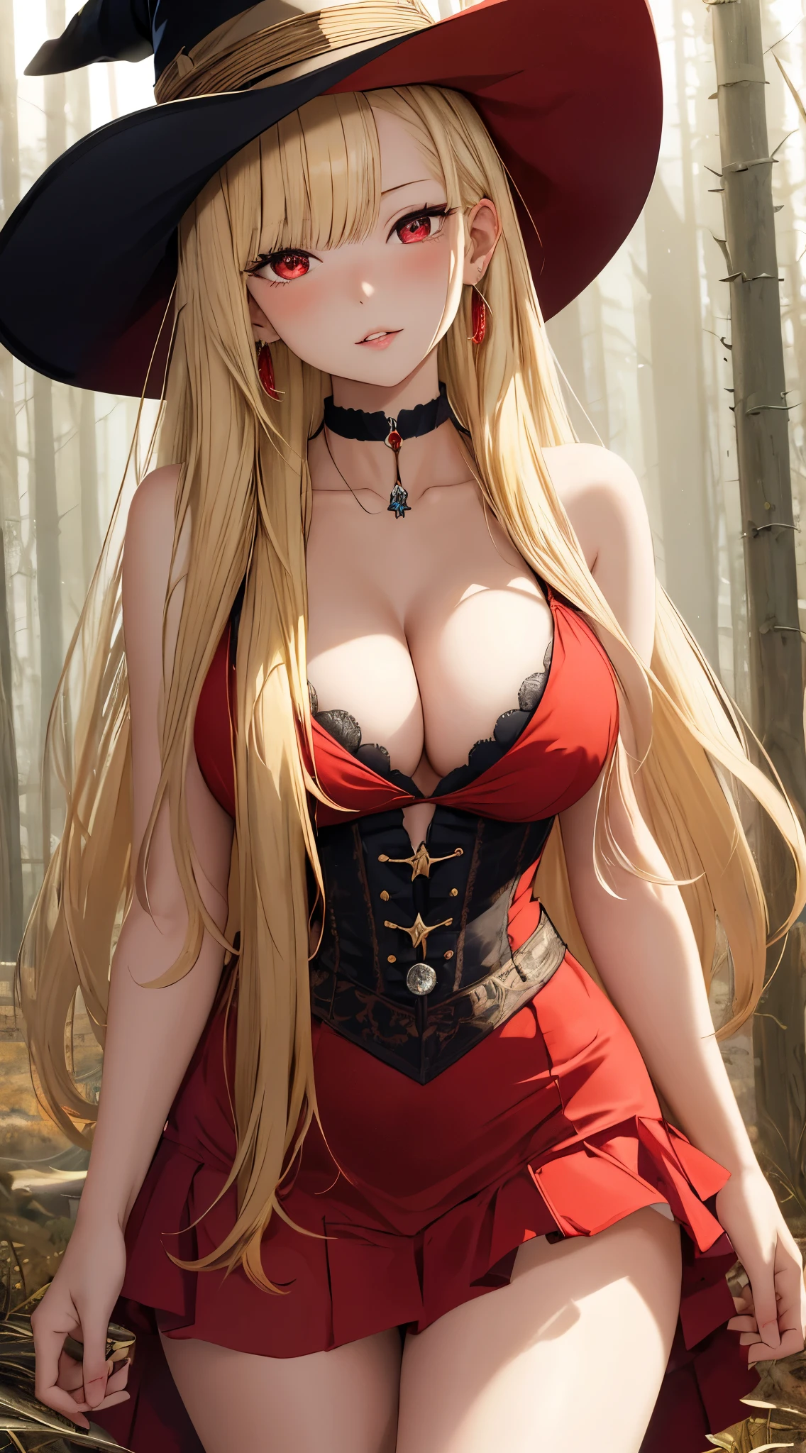 masterpiece, best quality, highres, (kitagawa marin), 1girl, blonde hair, long hair, swept bangs, gradient hair, red eyes, jewelry, earrings, piercing, glossy lips, lips parted, short dress, cleavage, cowboy shot, witch hat, holding wand, forest, skinny, slender