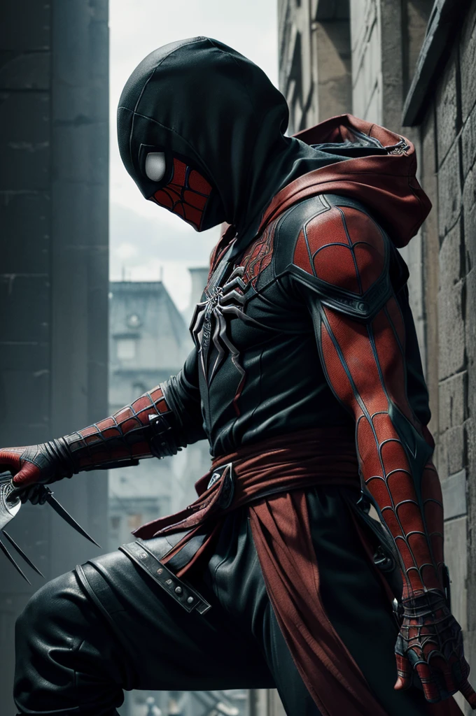 style de Tsutomu Nihei,(incredibly absurdes, (haute résolution:1.18), détail complexe, (chef-d&#39;œuvre:1.1), (la plus haute qualité:1.1), absurdes),(spiderman, portrait, ( mix assassin creed )