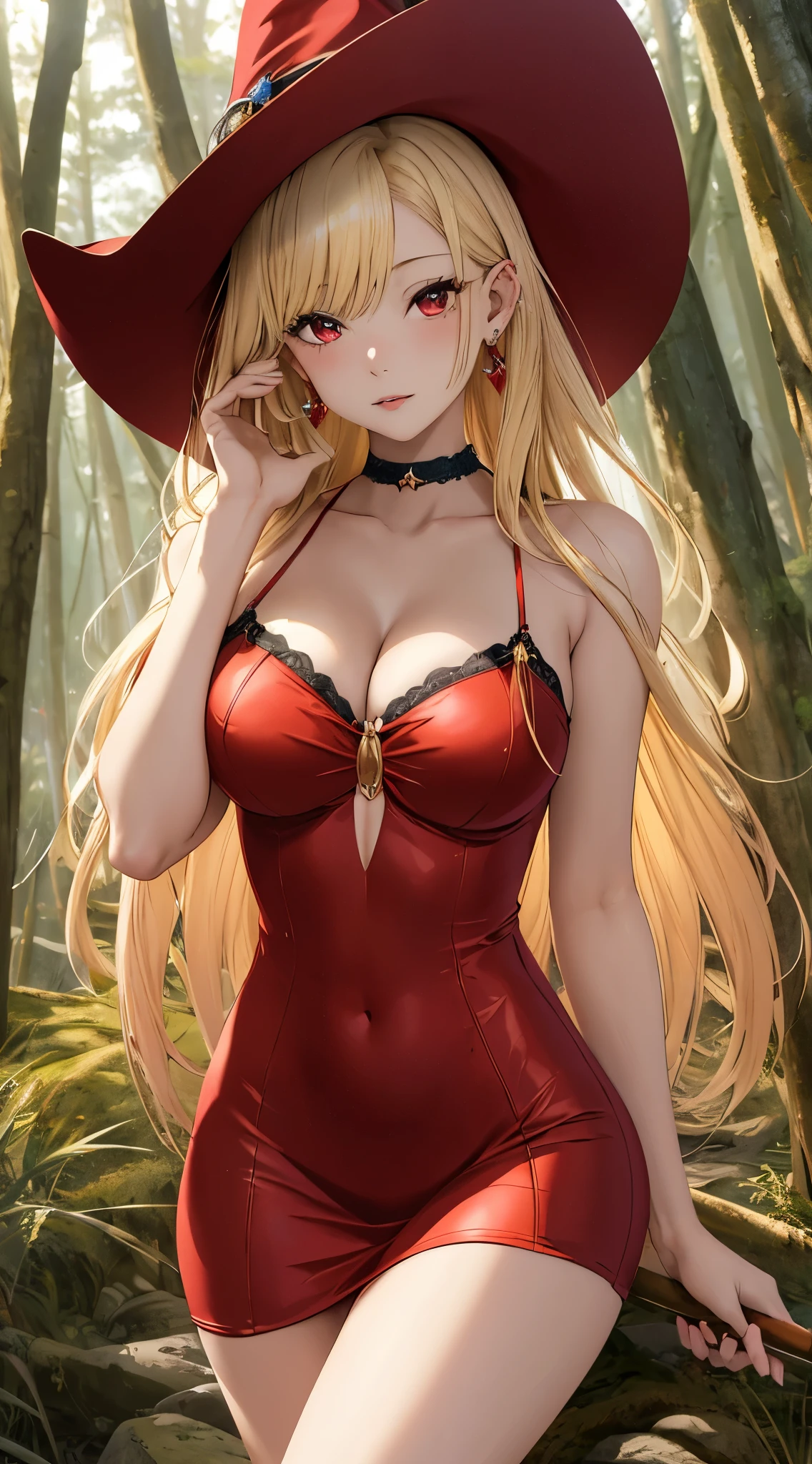 masterpiece, best quality, highres, (kitagawa marin), 1girl, blonde hair, long hair, swept bangs, gradient hair, red eyes, jewelry, earrings, piercing, glossy lips, lips parted, short dress, cleavage, cowboy shot, witch hat, holding wand, forest, skinny, slender