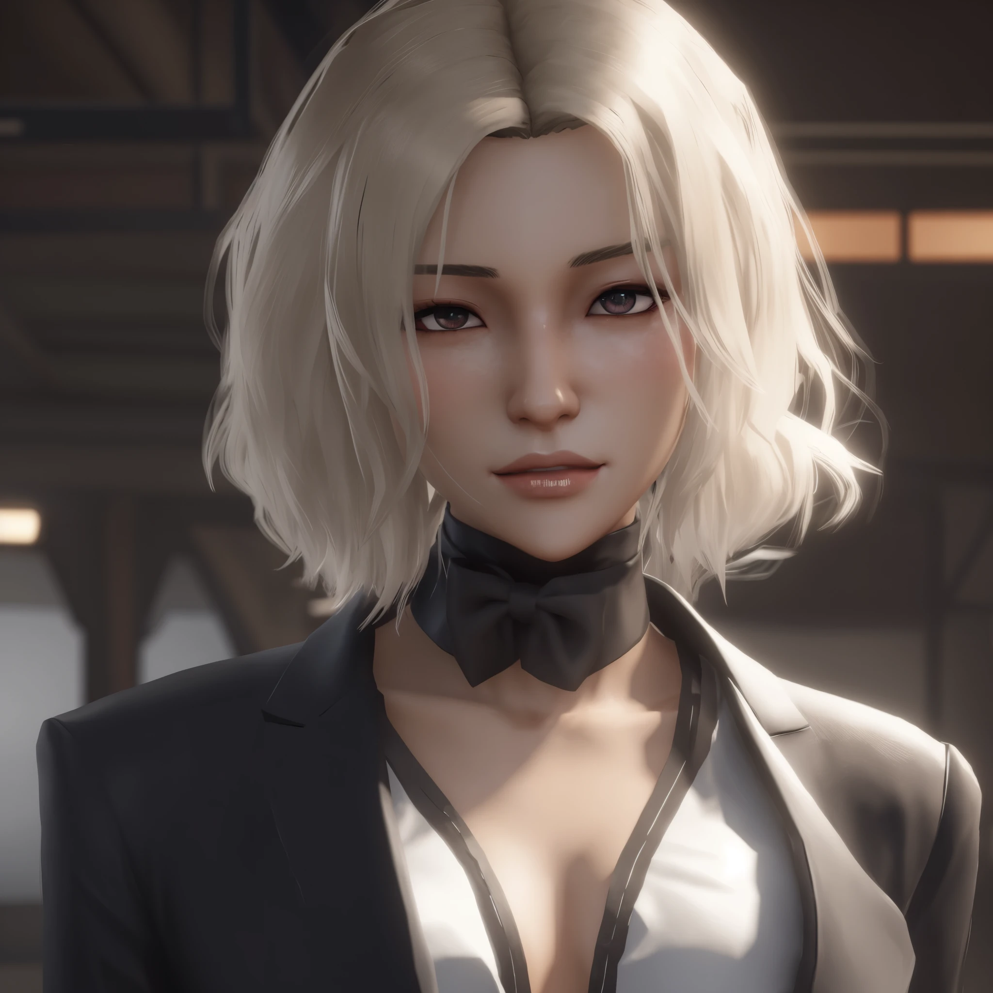 a close up of a woman with a bow tie and a suit, guweiz, artwork in the style of guweiz, akihiko yoshida. unreal engine, game cg, by Yang J, stunning character art, girl with white hair, tifa lockhart with white hair, photorealistic anime girl render, the style of wlop, female character, perfect face,