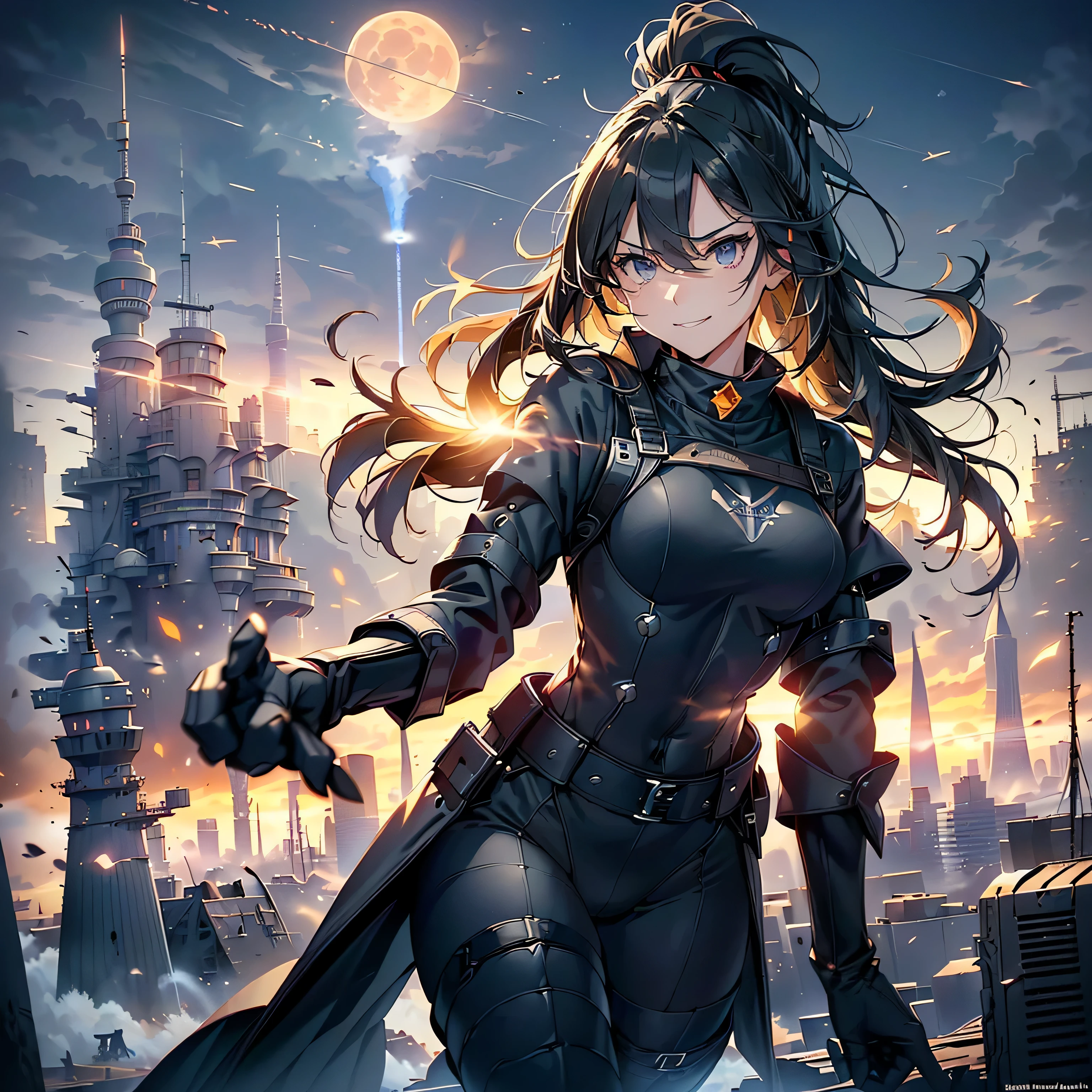 (highest quality，T Masterpiece，final solution，whole body):(Fluffy，１９old female fighter，black high knot ponytail、Shiny navy blue and black tight combat uniform，tight suit，dynamic angle、dynamic action、(dynamic pose:1.2)、normal posture，normal posture、Gentle smile)、(Time Machine、Computer、skyscraper gun、weapons of the future、(Backpack:1.1)、Real World、Plankton rattle field、volumetric fog、gray fog、cigarette、 explosion、apocalyptic、destroyed city background、burning building:1.3、splash of water、starry ski、huge moon、Earth、destroyed giant robot、radio tower、airplane flying overhead、shooting star rocket truck、broken car、derailed train、tank、giant weapon、electronic equipment、Luminous mechanism)