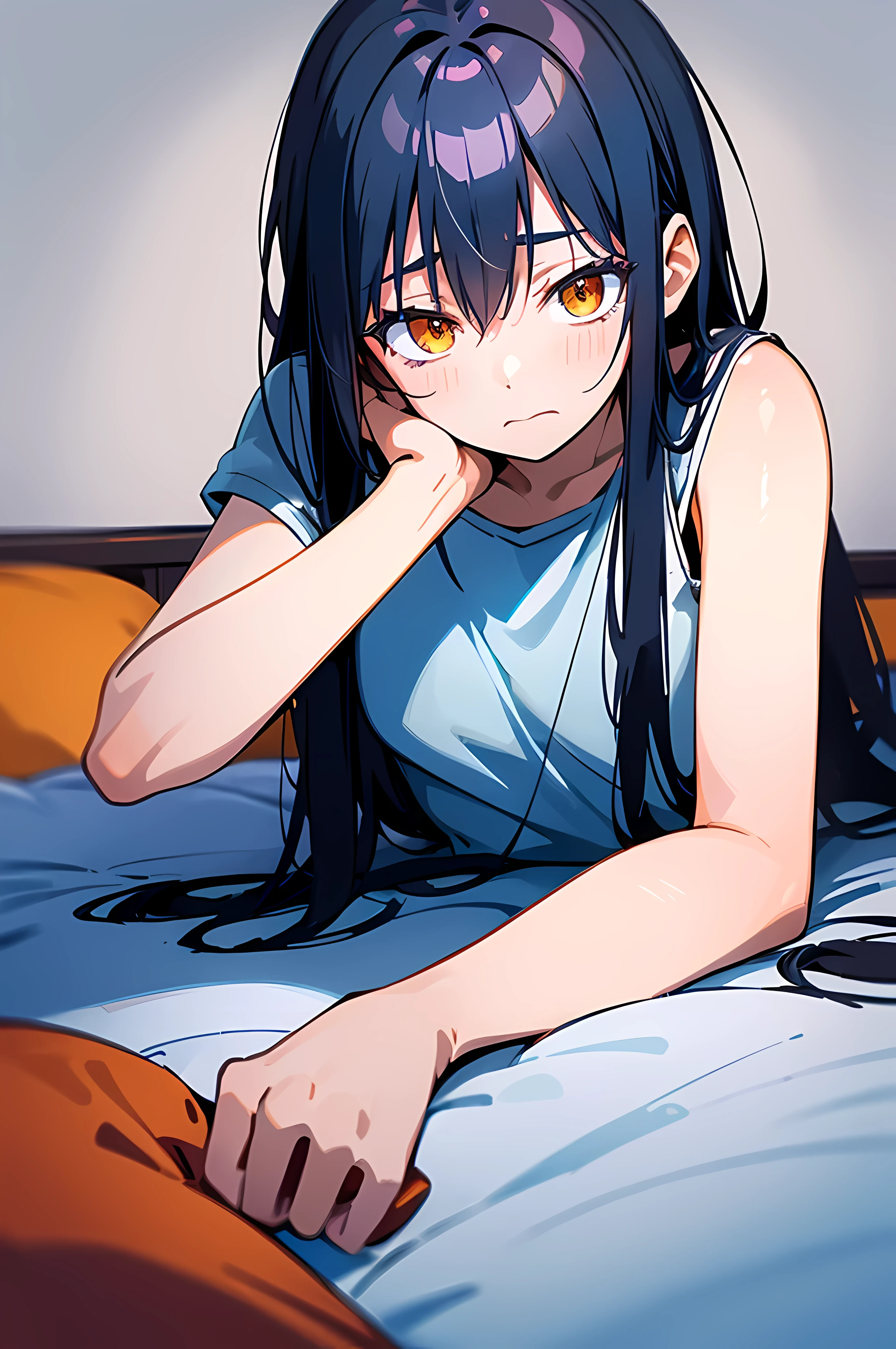 (8K Ultra High-Quality) (Masterpieces) (Image) (人物: Rimuru) 1 Girl , Long Black hair, Orange eyes colors, wearing Jean, wearing under wear on top, background on bed, laying down on bed, embarrassed face, looking at viewer.