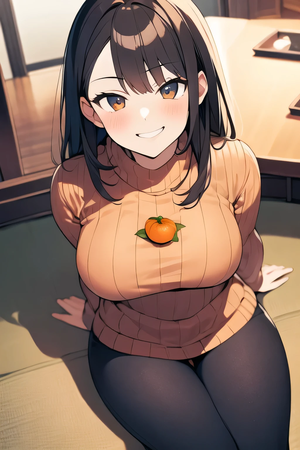 masterpiece, Super detailed, highest quality, beautiful girl, sweater, grin, between the breasts, (tangerine), sit at the kotatsu, room, From above