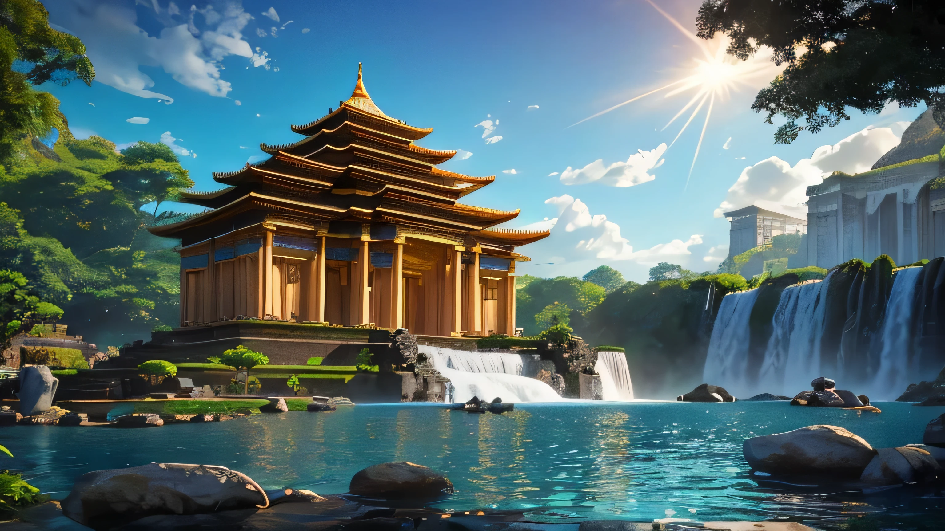 "Create an awe-inspiring AI-generated image featuring a monumental Tartarian temple set against a majestic landscape, incorporating a breathtaking waterfall. Design the temple to be colossal and intricately adorned with architectural details, showcasing the grandeur of Tartarian craftsmanship. The waterfall should cascade from a height adjacent to the temple, adding a dynamic element to the scene. Consider the play of light and shadow, with the sunlight illuminating the temple's facade and creating reflections in the water. Infuse the image with a sense of tranquility and mystique, emphasizing the harmony between the monumental structure and the natural beauty of the waterfall in this stunning visual representation."