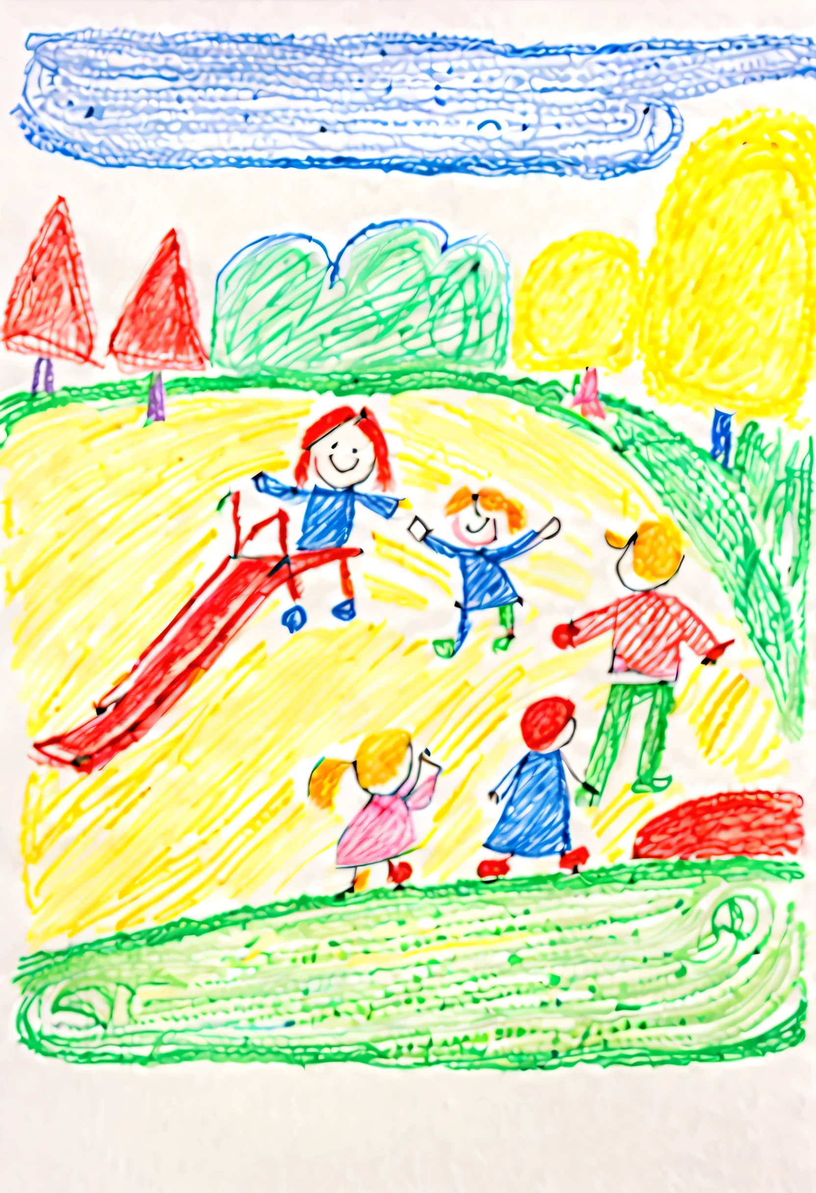 crayon on paper drawing, in the style of a 5-year-old, a drawing of a family playing with their dog at a playground on a sunny day, drawn by a 5-year-old