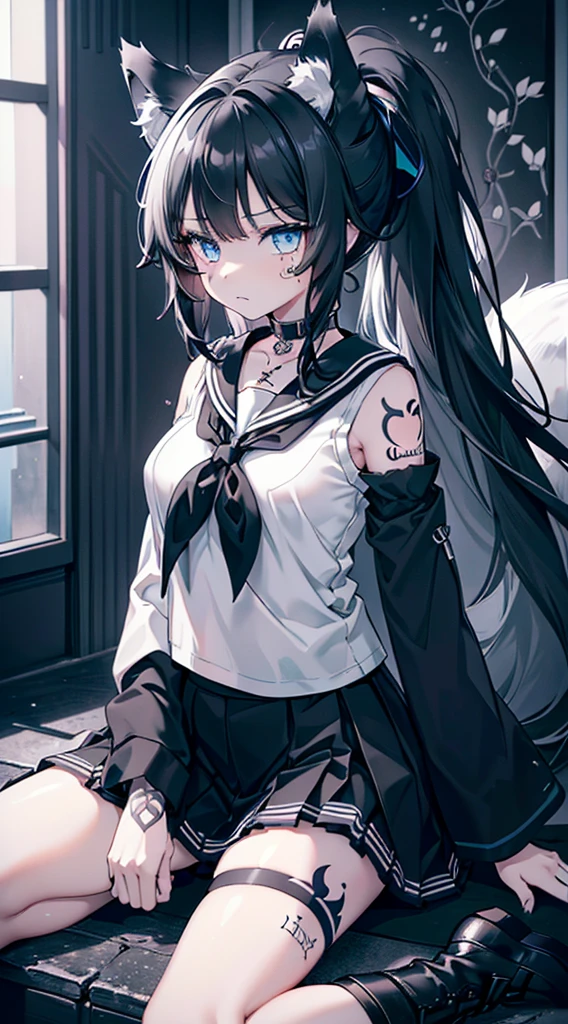 (extremely detailed CG unity 8k wallpaper), (((ultra-detailed))), ((extremely detailed)), (((best illustration))), best illumination, ((extremely delicate and beautiful)), ((1 fox girl)), (Black and white wolf girl with long black hair with wolf ears and wolf tail), (black wolf ears:1.6), (1 black and white wolf tail:1.6), ((an extremely rebel and beautiful girl)), colorful, Japanese background, ((1 girl, solo:1.9)), {{finely detailed beautiful eyes and detailed face}}, rebel girl, smug face, extra long ponytail, (((deep black hair))), (blue eyes:1.5), beautiful detailed eyes, badass girl, mature female, slender, medium breast, (((intricate details))), (Black and white long sleeve sailor top and black short skirt:1.5), short black boots, ((black choker)), (black tattoo on thigh:1.5), sitting, bishoujo, full-body