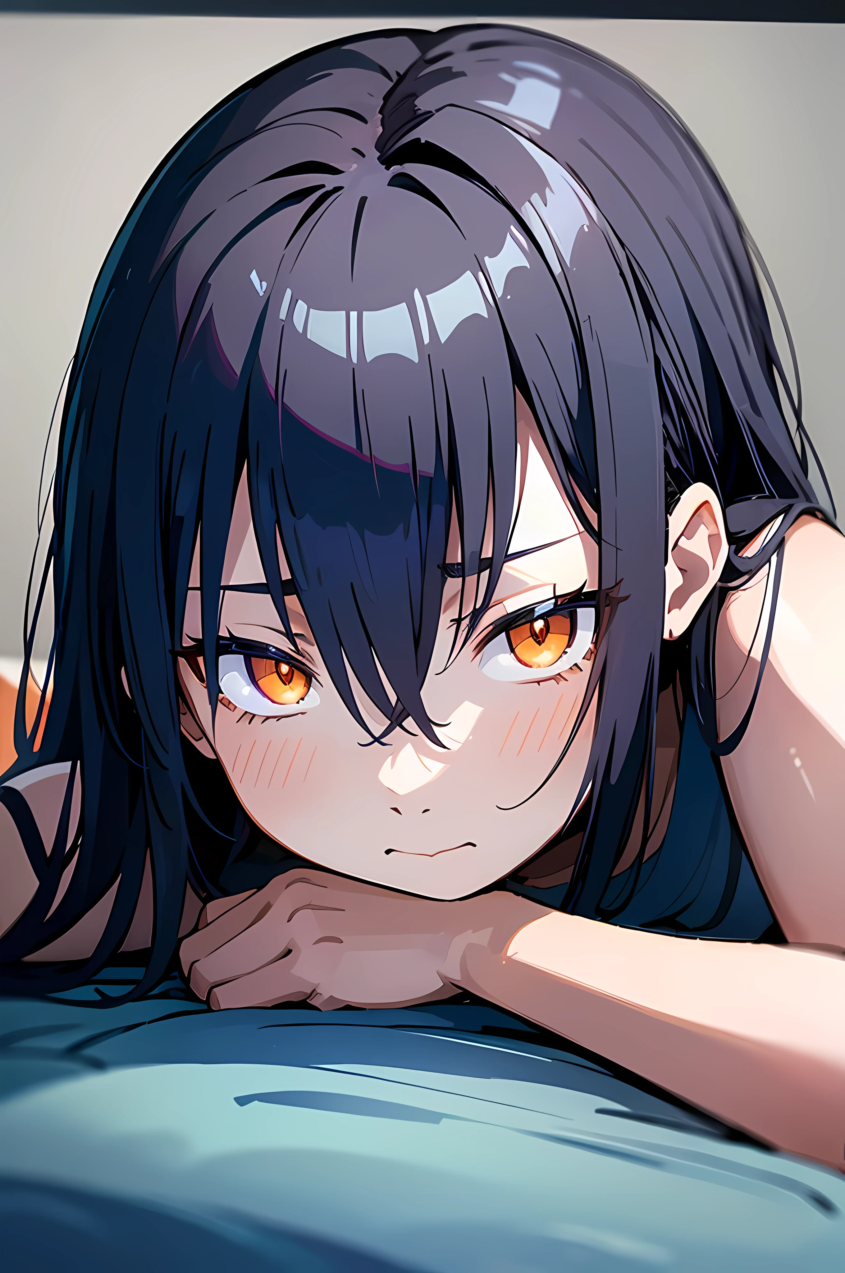 (8K Ultra High-Quality) (Masterpieces) (Image) (人物: Rimuru) 1 Girl 17years old, Long Black hair, Orange eyes colors, wearing Jean, wearing under wear on top, background on bed, laying down on bed, embarrassed face, looking at viewer.