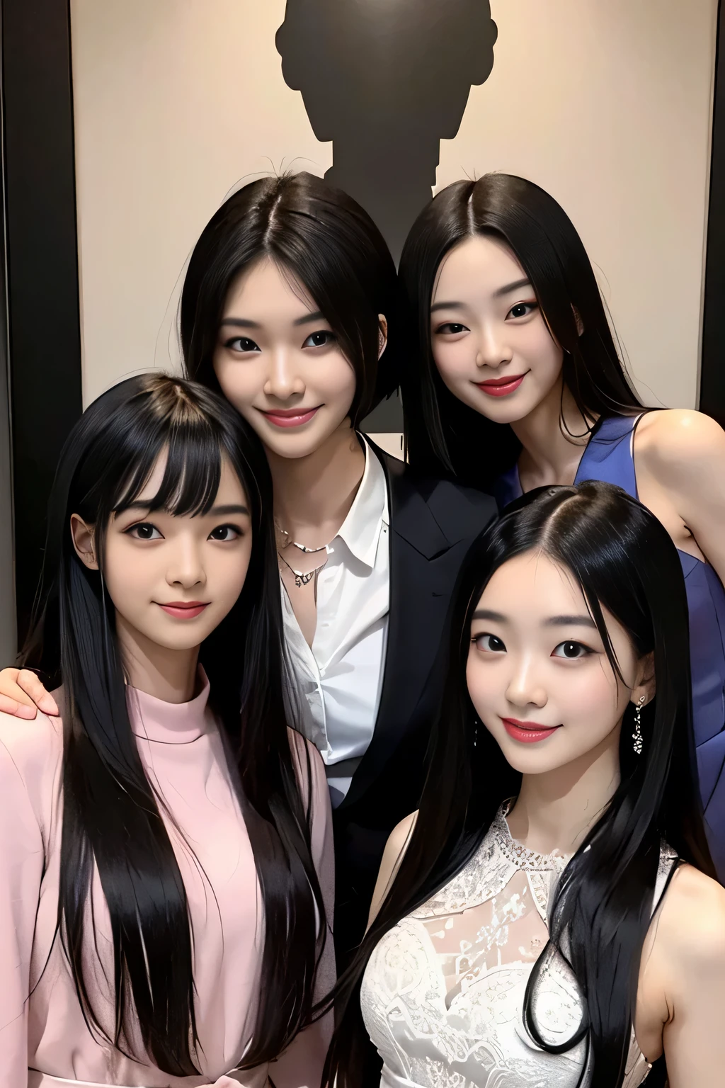 young black-haired Japanese、2 women、 25 years old、Upper body view、suit figure、smile、slender body shape、
