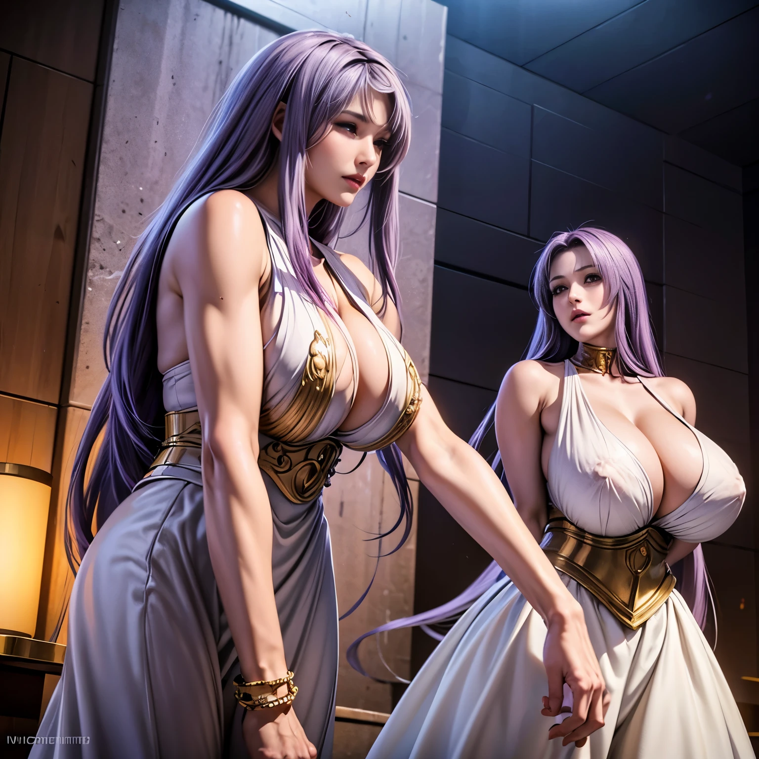 Sasha, purple hair, long hair, red eyes, white dress, collar, long skirt ,sleeveless, bare shoulders, split, clavicle, gold accessories, corset, 1 girl, perfect asian goddeslawless titquisite facial features，stunning，alone, (huge tits:1.4),looking at the audience,(whole body:1.4),supreme beauty,solemn,foot shot,(from below:1.3)