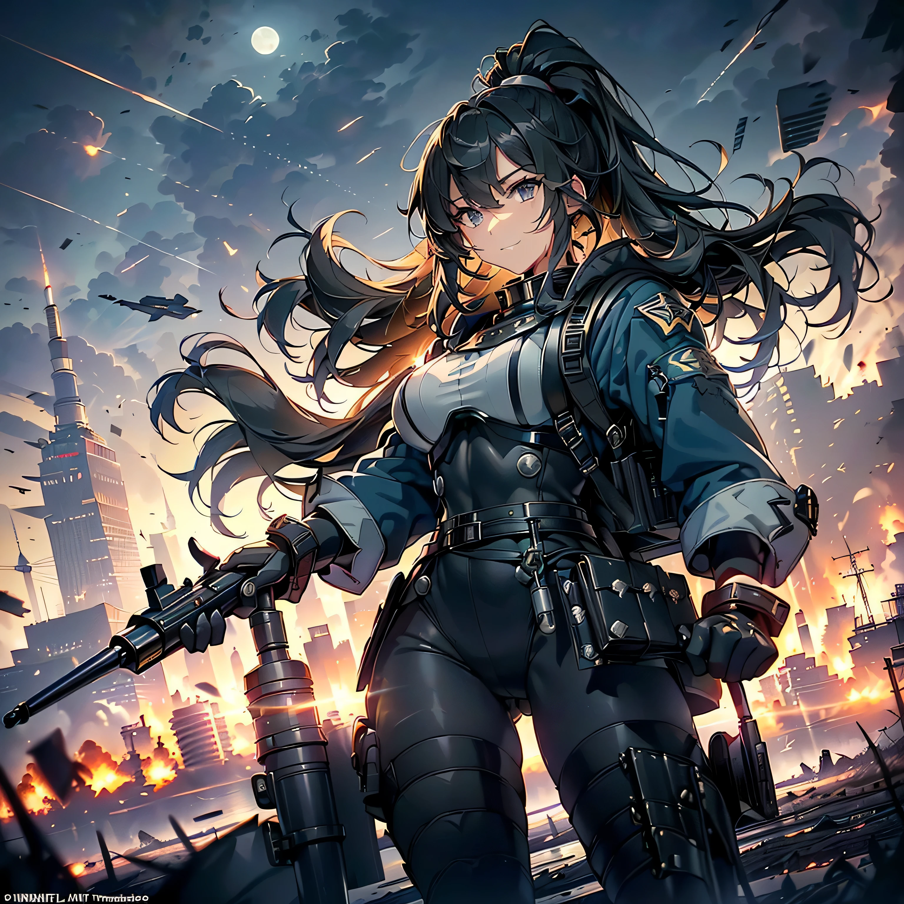 (highest quality,T Masterpiece,final solution,whole body):(Fluffy,19old female fighter,black high knot ponytail、Shiny navy blue and black tight combat uniform,tight suit,dynamic angle、dynamic action、(dynamic pose:1.2)、normal posture,normal posture、Gentle smile)、(Time Machine、Computer、skyscraper gun、weapons of the future、(Backpack:1.1)、Real World、Plankton rattle field、volumetric fog、gray fog、cigarette、 explosion、apocalyptic、destroyed city background、burning building:1.3、splash of water、starry ski、huge moon、Earth、destroyed giant robot、radio tower、airplane flying overhead、shooting star rocket truck、broken car、derailed train、tank、giant weapon、electronic equipment、Luminous mechanism)