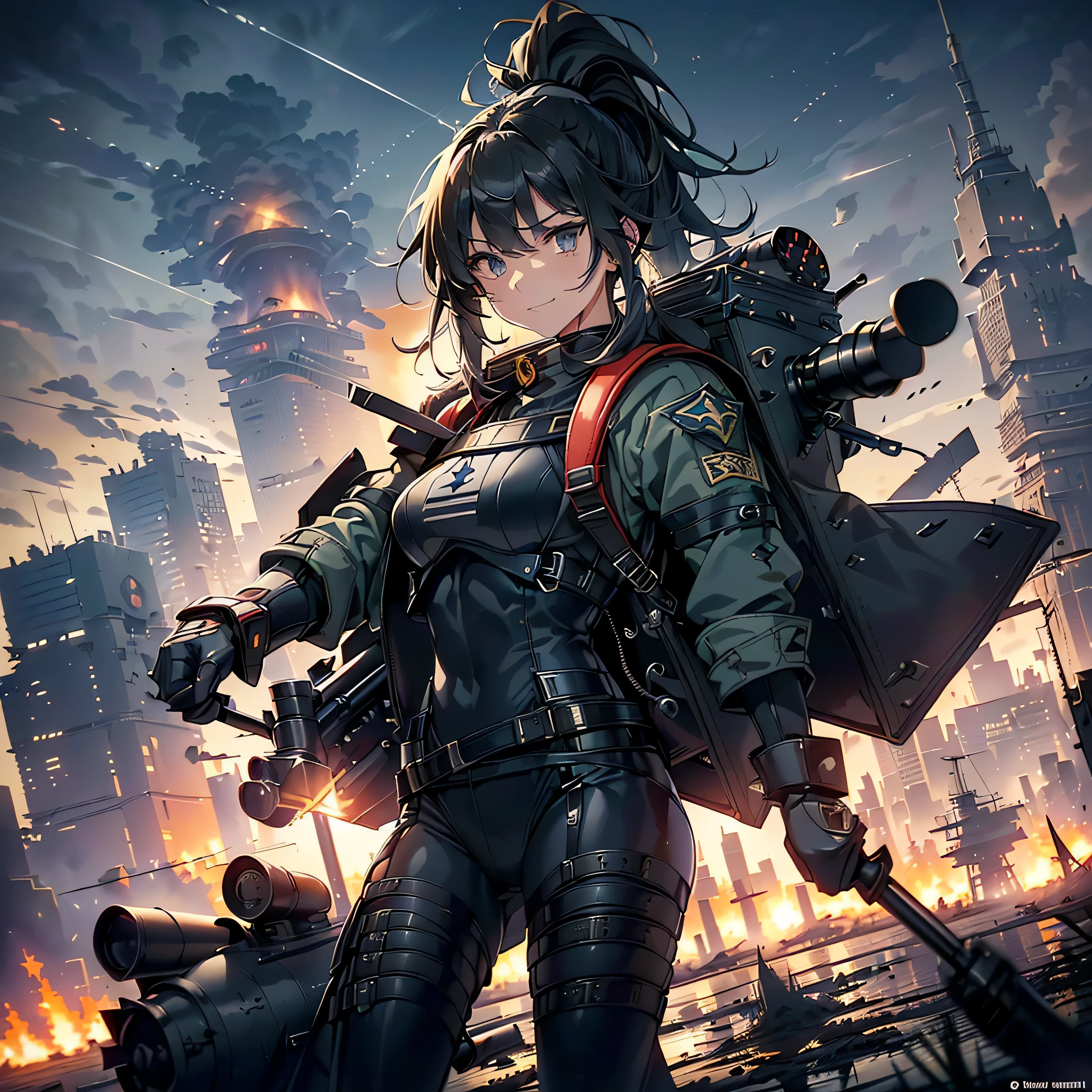 (highest quality，T Masterpiece，final solution，whole body):(Fluffy，１９old female fighter，black high knot ponytail、Shiny navy blue and black tight combat uniform，tight suit，dynamic angle、dynamic action、(dynamic pose:1.2)、normal posture，normal posture、Gentle smile)、(Time Machine、Computer、skyscraper gun、weapons of the future、(Backpack:1.1)、Real World、Plankton rattle field、volumetric fog、gray fog、cigarette、 explosion、apocalyptic、destroyed city background、burning building:1.3、splash of water、starry ski、huge moon、Earth、destroyed giant robot、radio tower、airplane flying overhead、shooting star rocket truck、broken car、derailed train、tank、giant weapon、electronic equipment、Luminous mechanism)