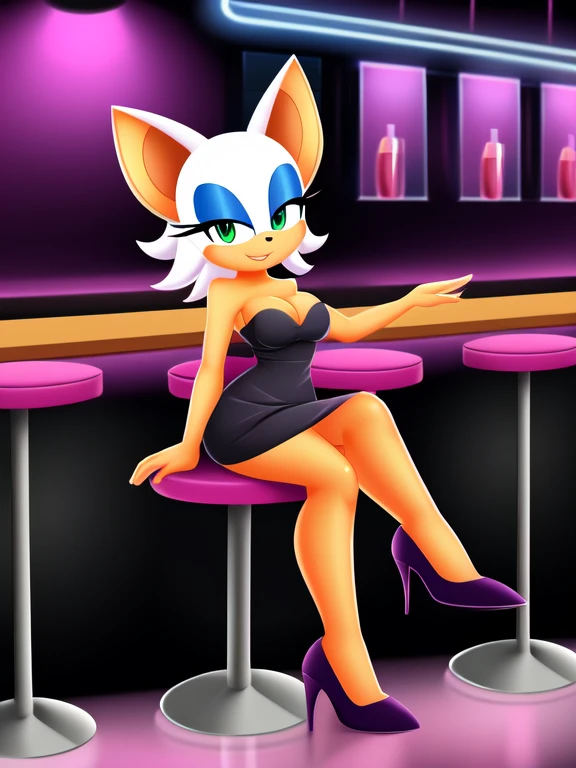 full body, Rouge the Bat, no wings on her back, green eyes, seductive, medium breast, bare shoulder, strapless, little black dress, skin-tight dress, black high heels, nightclub background, smile, sitting on a chair, bar, neon lights, looking at viewer, high quality, flat design