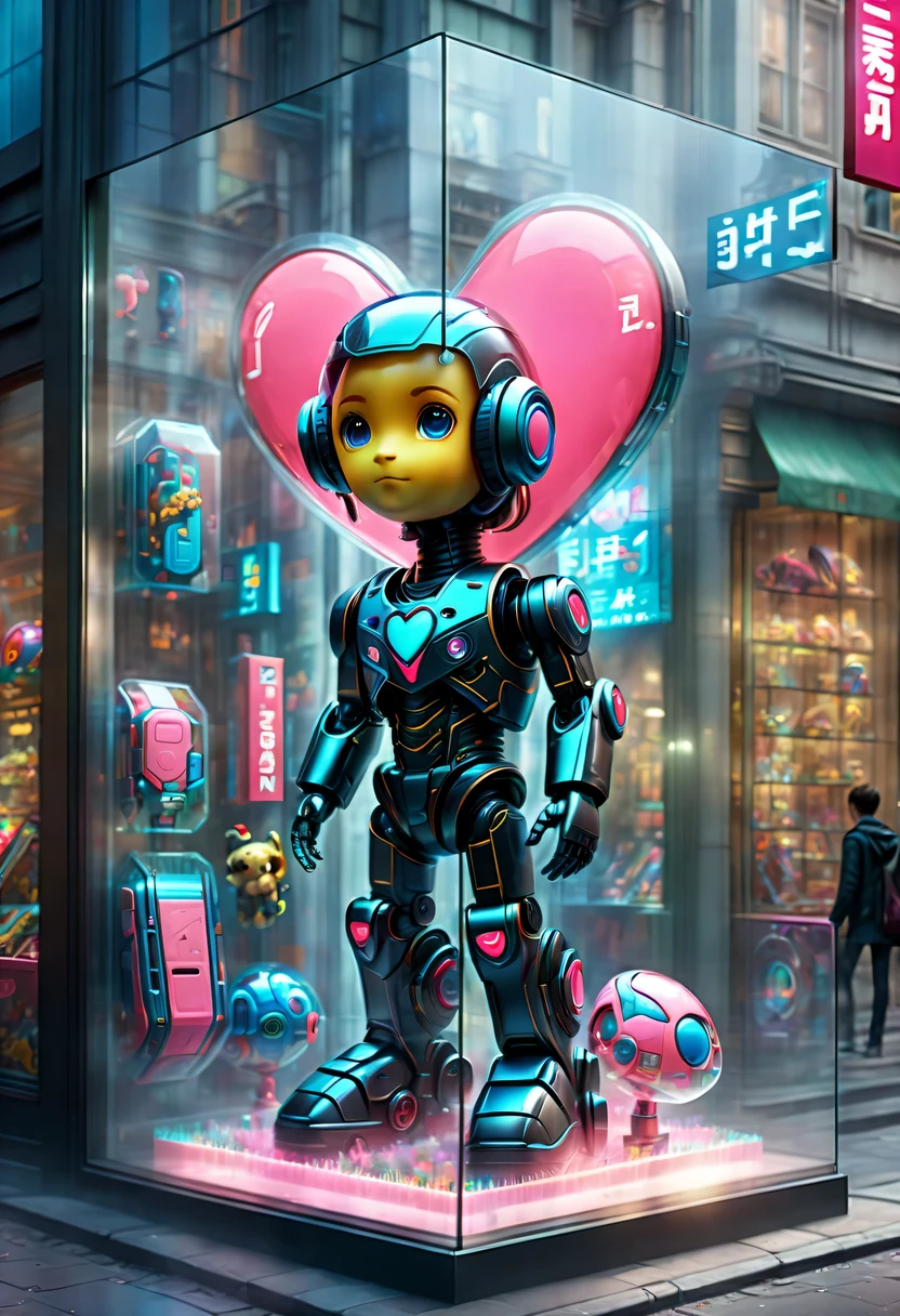 (looking from the outside，Look down the street，through glass:1.5)，hyper detailed masterpiece, Dynamic, good quality，toy store window设计,cyberpunk design，science fiction style，(It says in English on the poster:Future toy store:1.4)，(2D toy poster attached to glass:1.3)，(toy store window:1.5),魔法toy store window，beautiful design，Nice decoration，display toys，looking from the outside，big pink heart,