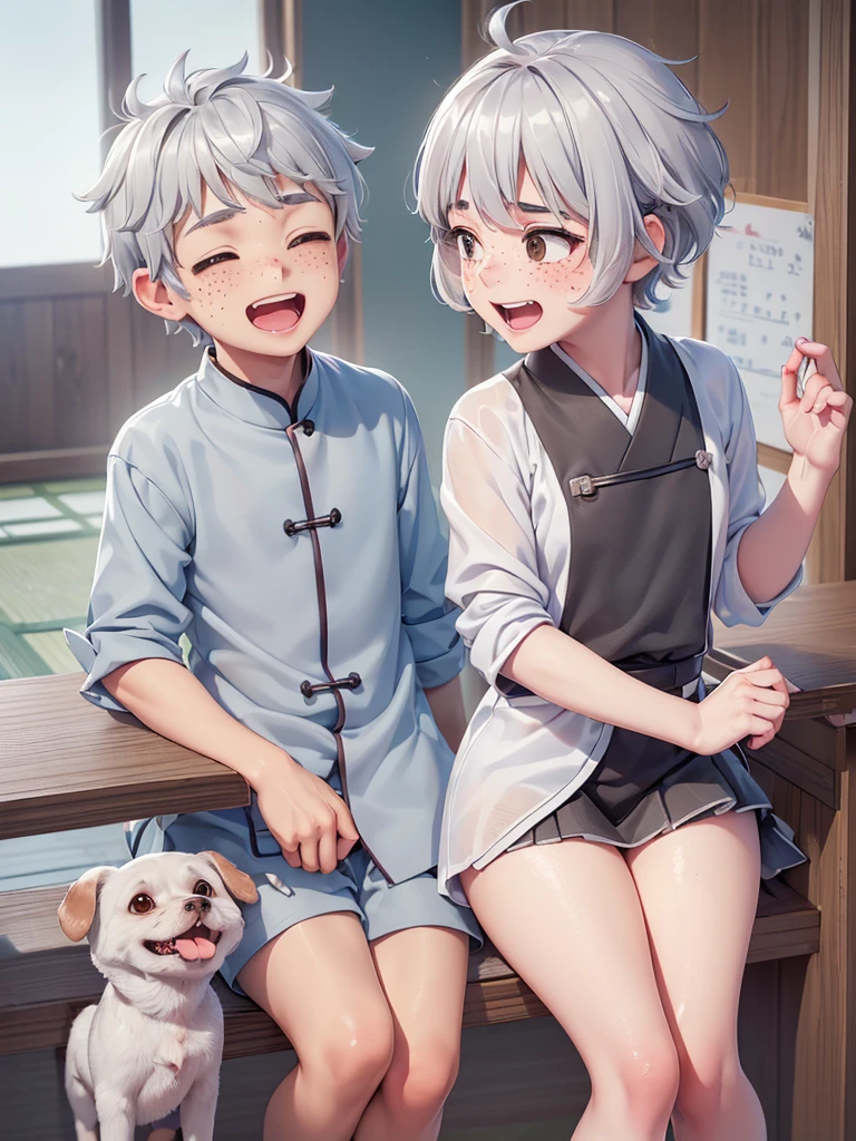 ((cute) | (moe)| (sweet) | (fresh)),((Zhengtai)|( Small fresh meat)),((1 boy)|( Single dog))/(Japanese school uniform)| ((refreshing)| (neat)),((defect)|( freckles)),((4K)|( Ultra HD)),((silver)|( Short silver hair) | (short gray hair), brown eyes, (messy|laughing) hairstyle.