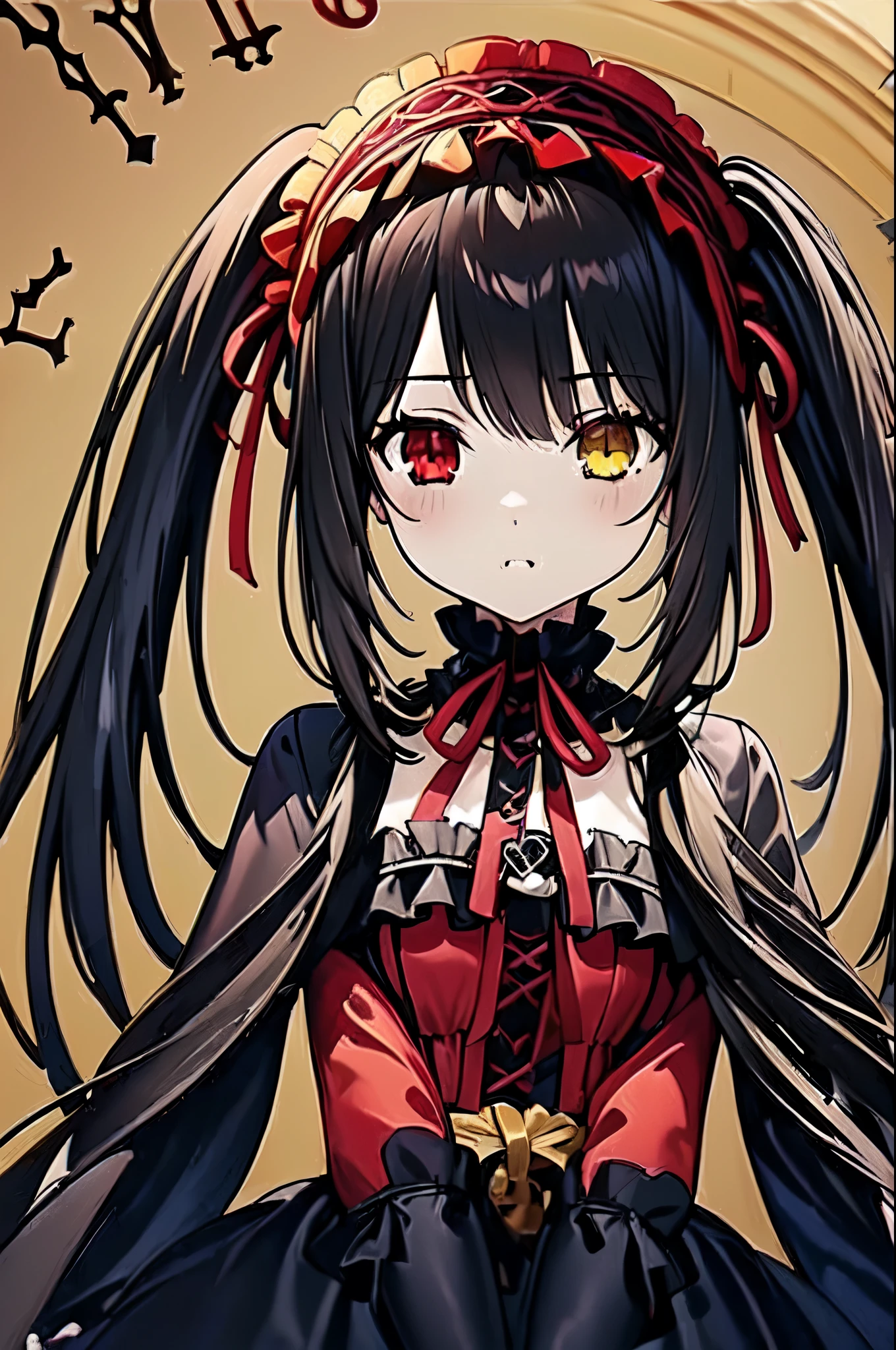 ((masterpiece, best quality, ultra detailed)), depth of field, (beautiful detailed eyes, pretty face, detailed face), 1girl( standing elegantly, different red left eye and golden right eye, long hair, twin-tails, black hair, red and black Lolita dress, long black boots, black stockings, black garter belt), clock mechanics background