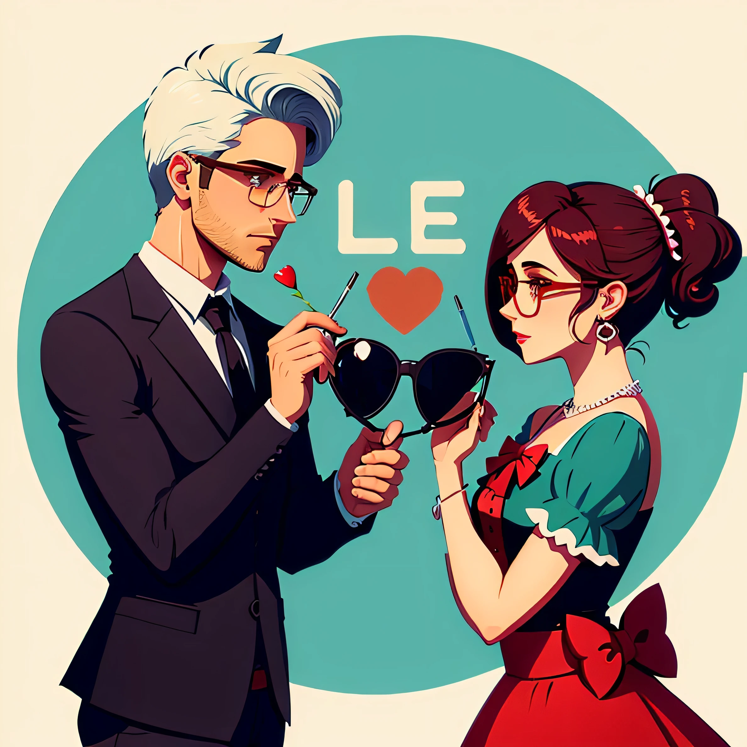 A stylized illustration of the phrase "Love Needs Glasses"