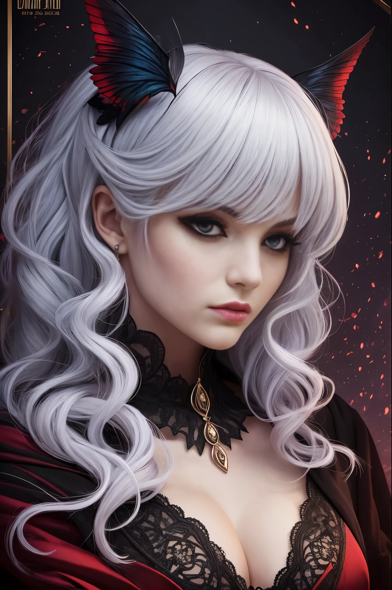 The vampire queen wears a regal, dark robe, accentuated by intricate patterns. Her white hair falls in soft curls over her shoulders, while her red eyes radiate an eerie power. Her regal look reflects a mixture of elegance and vampiric fear.  --auto --s2