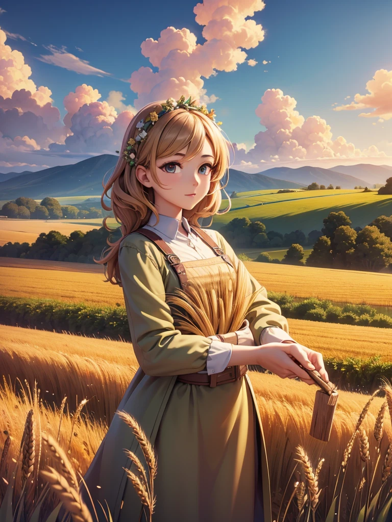 Masterpiece, best quality, (very detailed CG unified 8k wallpaper) (best quality), (best illustration), (best shade) nature harvest wheat, super meticulous , people working in the fields 
