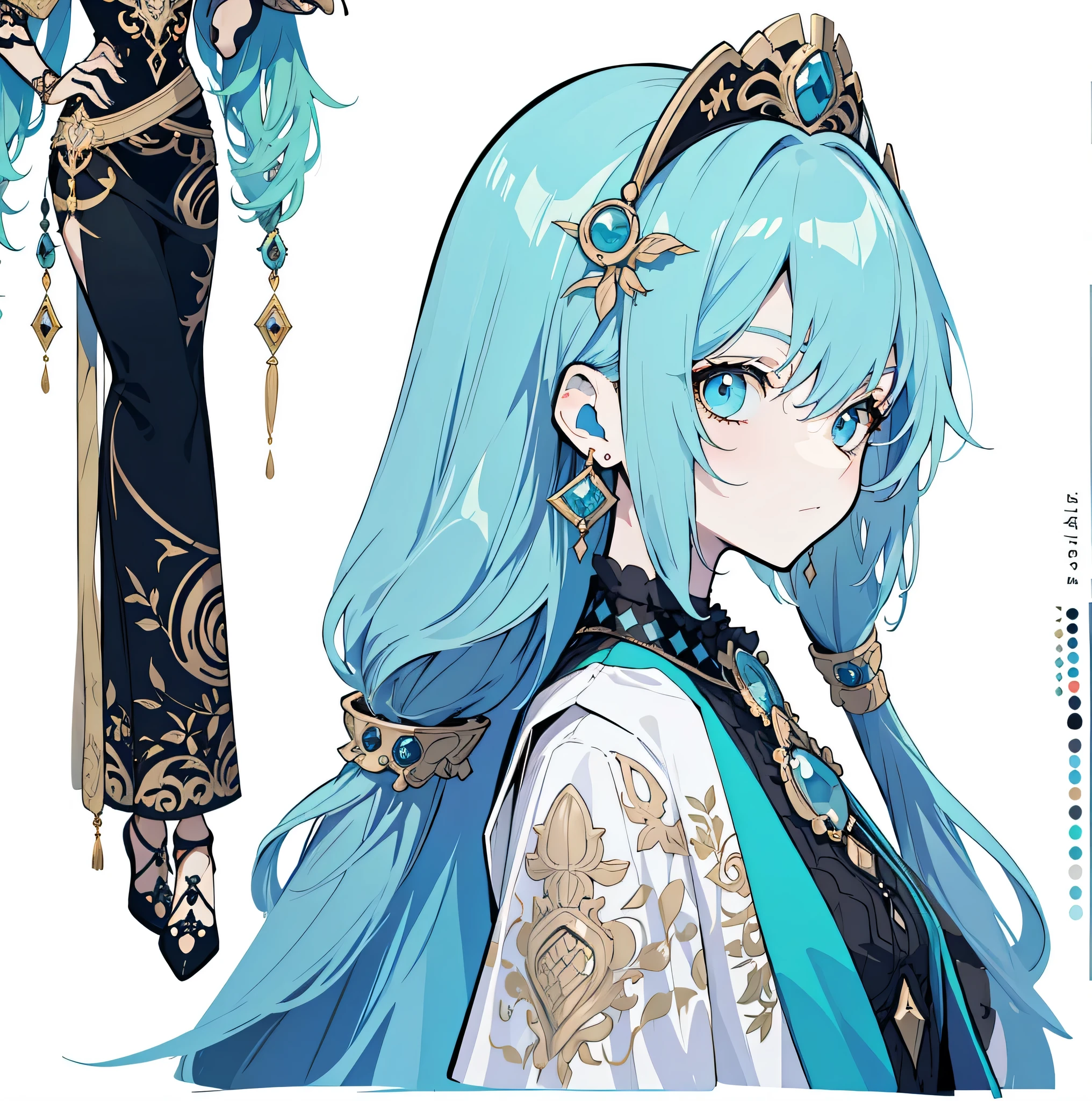 Three views of roles，Character Design，Character Design，three views，Full body Esbian，frontage，~ side，behind，sett，****ta prostitute，so gorgeous，maximalism，extreme details，Rococo style，super long hair，intricate accessories，Complex hairstyles，gem,blue hair,