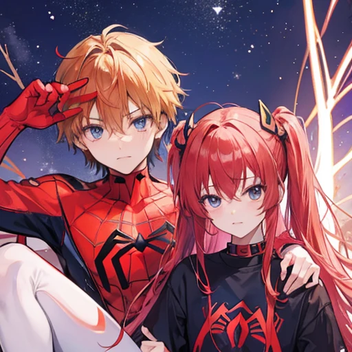 Asuka evangelion y spiderman tomandose una foto, en un tejado de noche