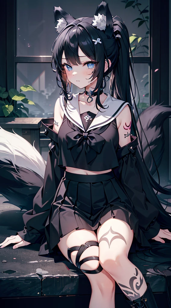 (extremely detailed CG unity 8k wallpaper), (((ultra-detailed))), ((extremely detailed)), (((best illustration))), best illumination, ((extremely delicate and beautiful)), ((1 fox girl)), (Black and white wolf girl with long black hair with wolf ears and wolf tail), (black wolf ears:1.6), (1 black and white wolf tail:1.6), ((an extremely rebel and beautiful girl)), colorful, Japanese background, ((1 girl, solo:1.9)), {{finely detailed beautiful eyes and detailed face}}, rebel girl, smug face, extra long hair, extra long ponytail, (((deep black hair))), (blue eyes:1.5), beautiful detailed eyes, badass girl, mature female, slender, medium breast, (((intricate details))), (Black and white long sleeve sailor top and black short skirt:1.5), short black boots, ((black choker)), (black tattoo on thigh:1.5), sitting, bishoujo, full-body