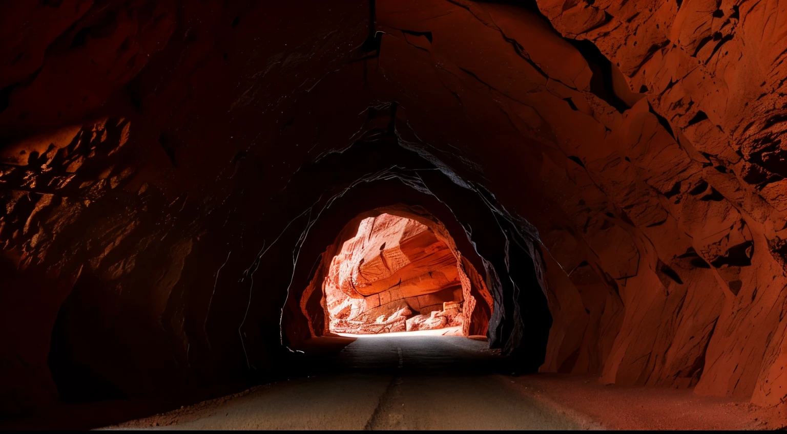 passage in a cave, mine tunnel with red rock walls, 4k hdr, lens 28mm