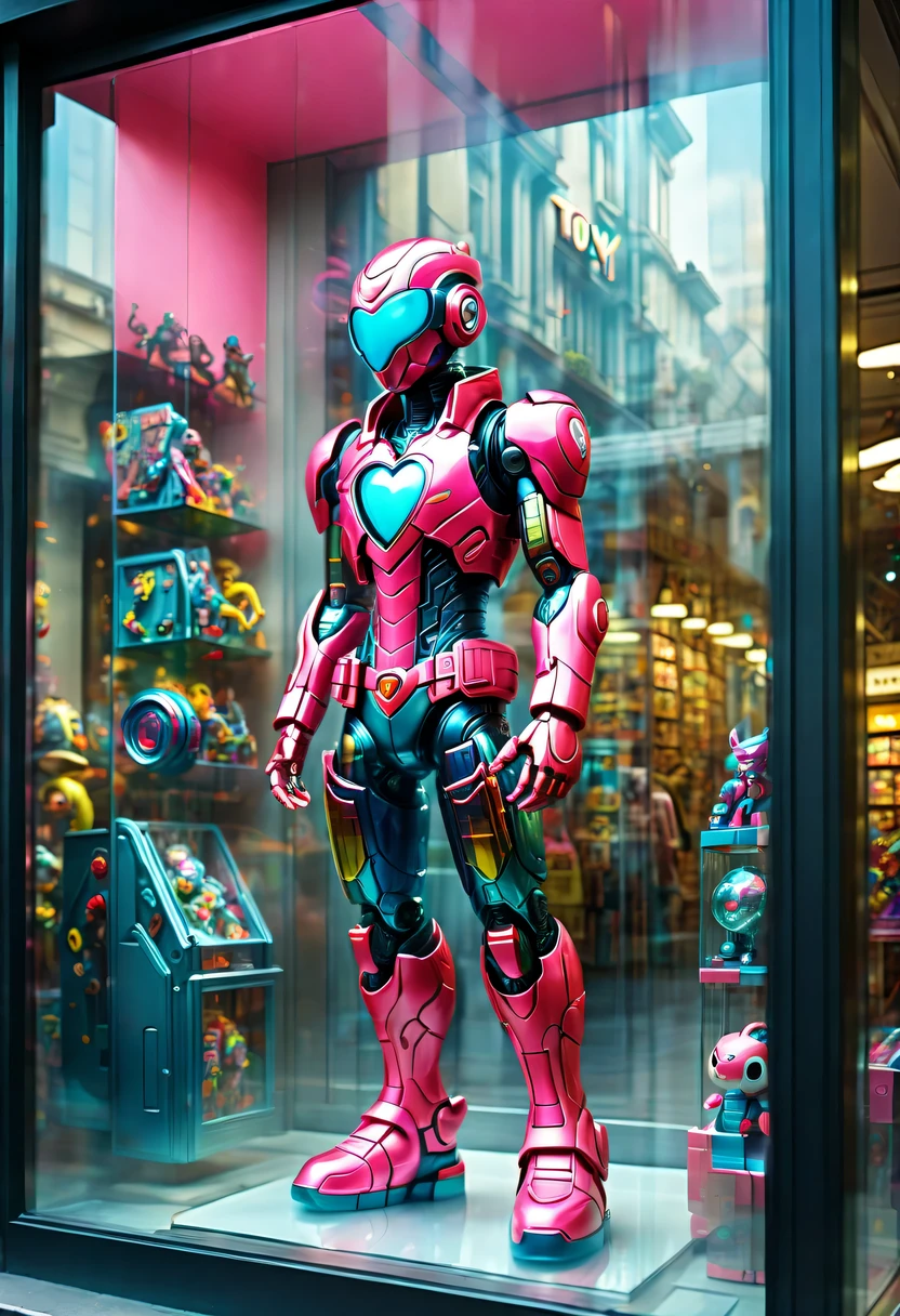 (looking from the outside,Look down the street,through glass:1.5),hyper detailed masterpiece, Dynamic, good quality,toy store window设计,cyberpunk design,2D toy poster attached to glass,(toy store window:1.5),魔法toy store window,beautiful design,Nice decoration,display toys,looking from the outside,big pink heart,