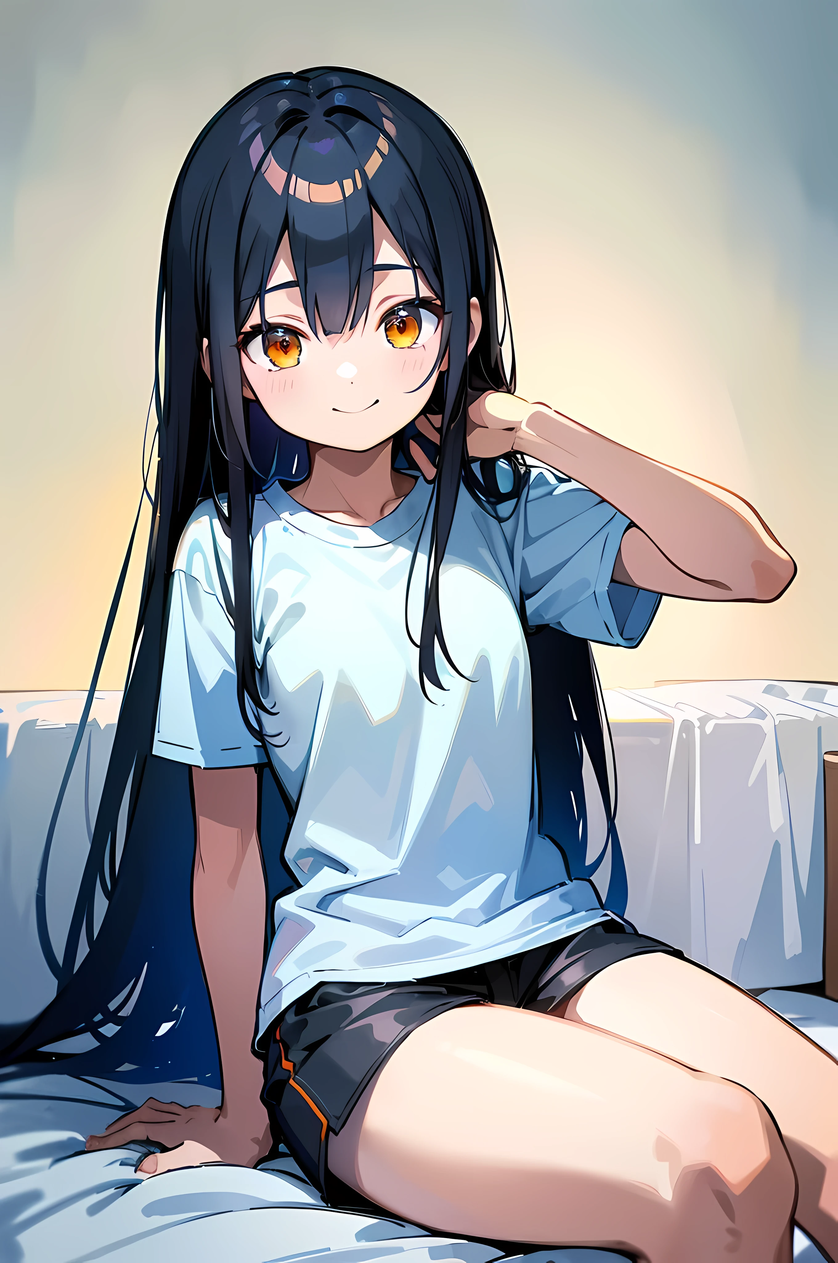 (8K Ultra High-Quality) (Masterpieces) (Image) (人物: Rimuru) 1 Girl 17years old, Long Black hair, Orange eyes colors, wearing white T-shirt, wearing short pant, background in bedroom, sitting on bed, smile looking at viewer.