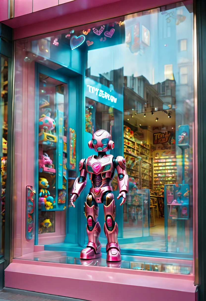 (looking from the outside，Look down the street，through glass:1.5)，hyper detailed masterpiece, Dynamic, good quality，toy store window设计,cyberpunk design，Toys poster on glass pink heart, (toy store window:1.5),魔法toy store window，beautiful design，Nice decoration，display toys，looking from the outside，